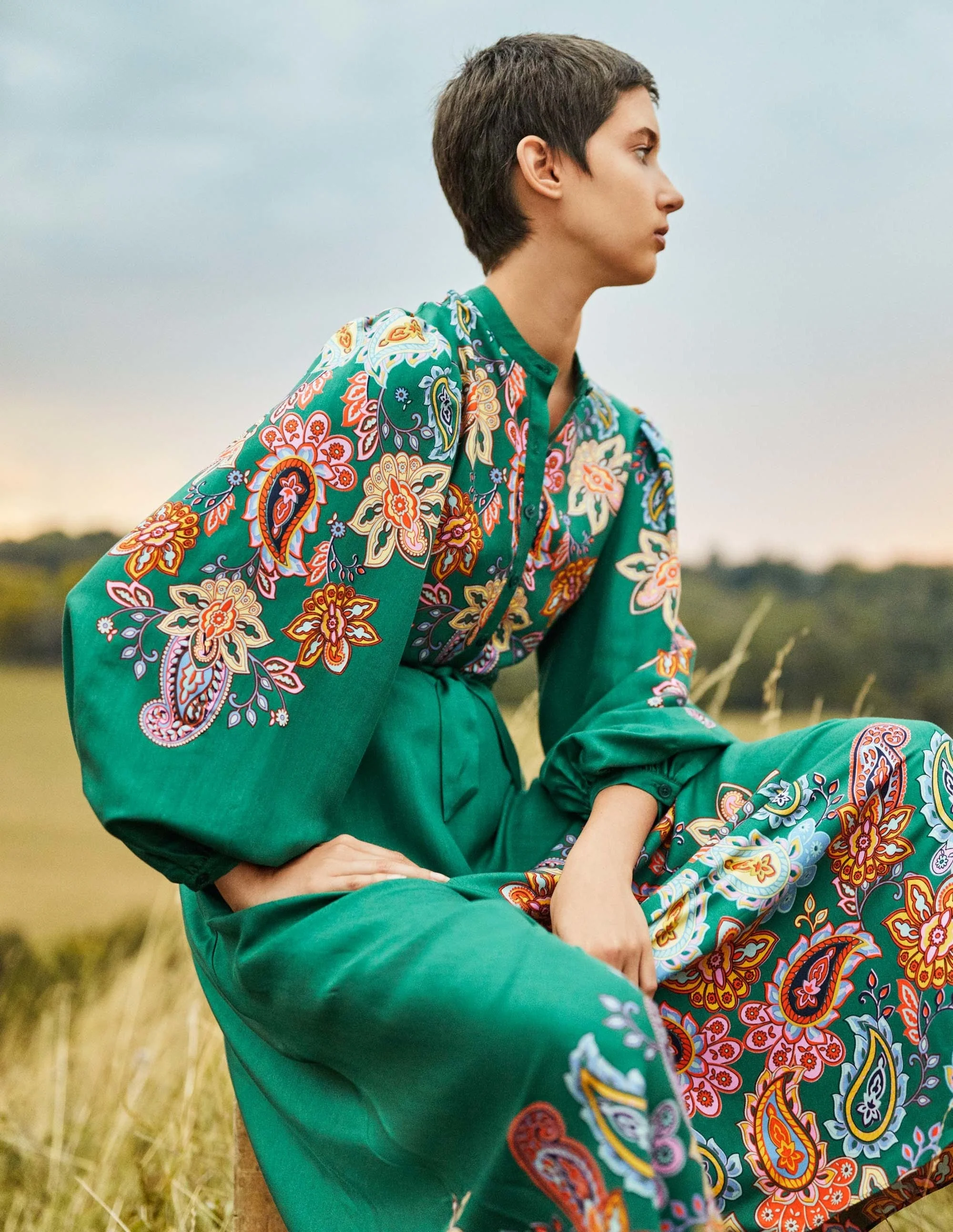 Blouson Sleeve Midi Dress-Trekking Green, Paisley Charm - Image 8