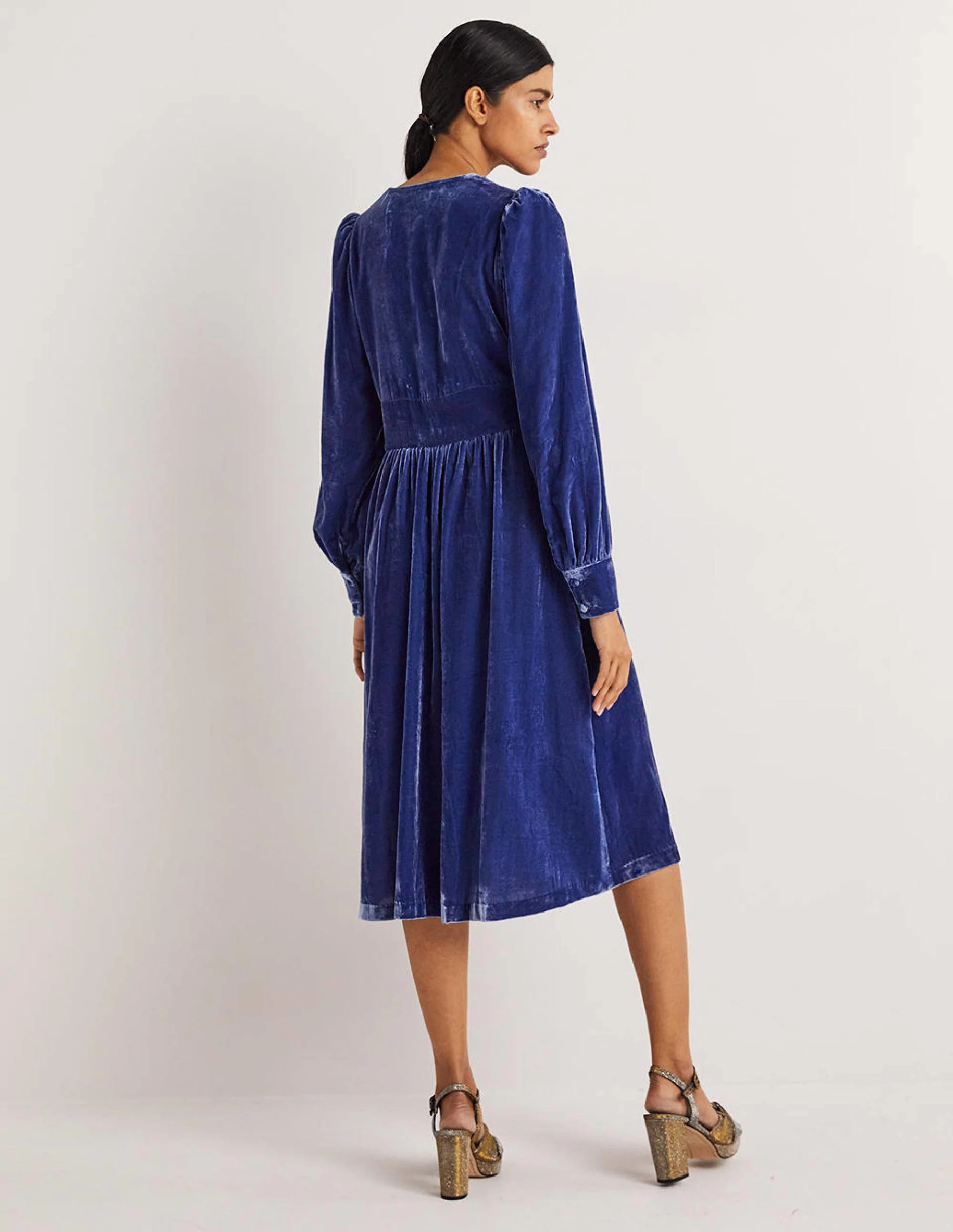 Blue Velvet Midi Party Dress-Sea Blue - Image 3