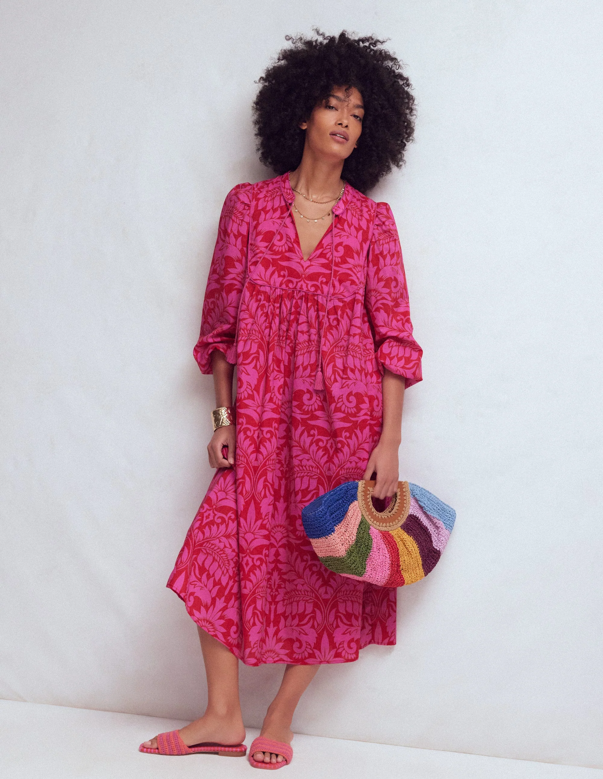 Boho Tie Neck Kaftan-Red Ornamental Foilage