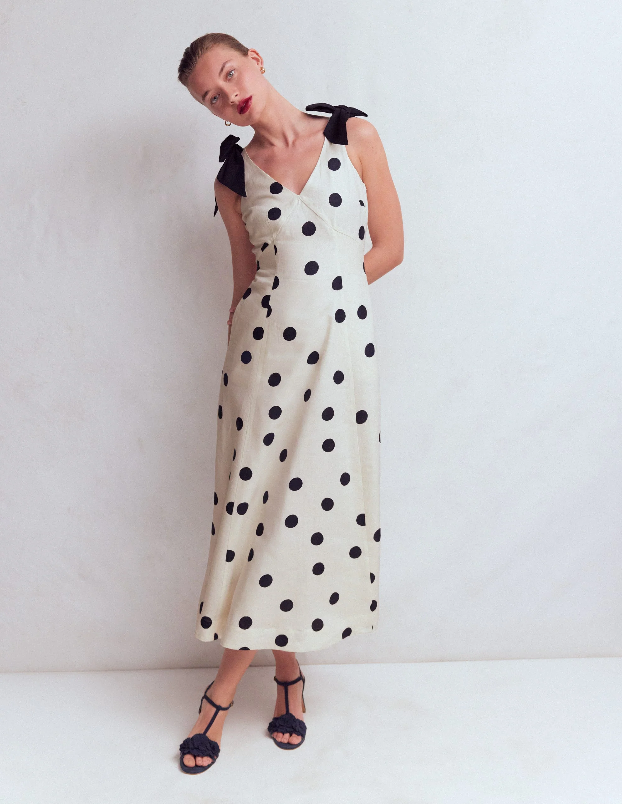 Bow Detail Linen Empire Dress-Ivory Painted Dot Spaced - Image 4