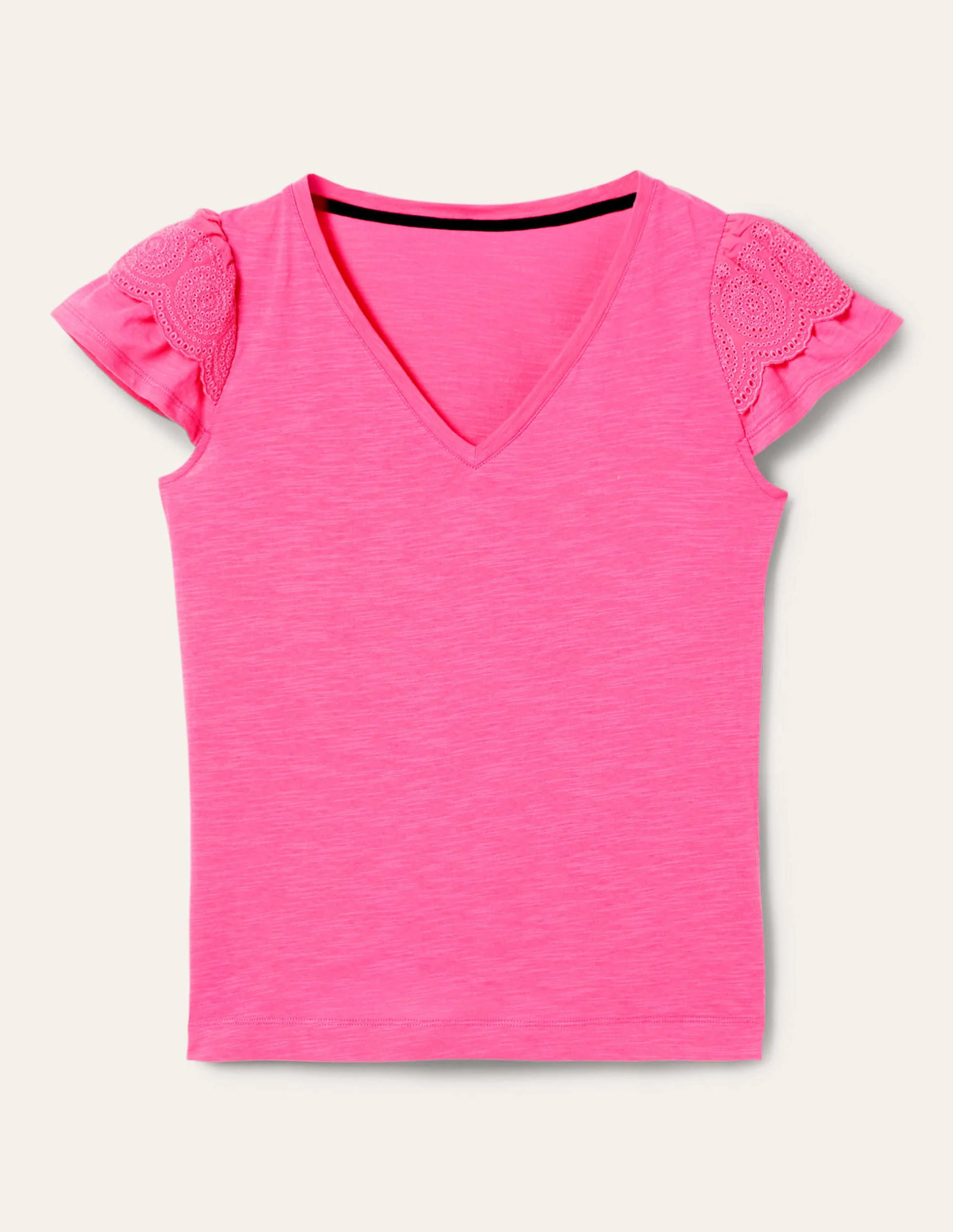 Broderie Cotton V-Neck T-Shirt-Festival Pink - Image 5