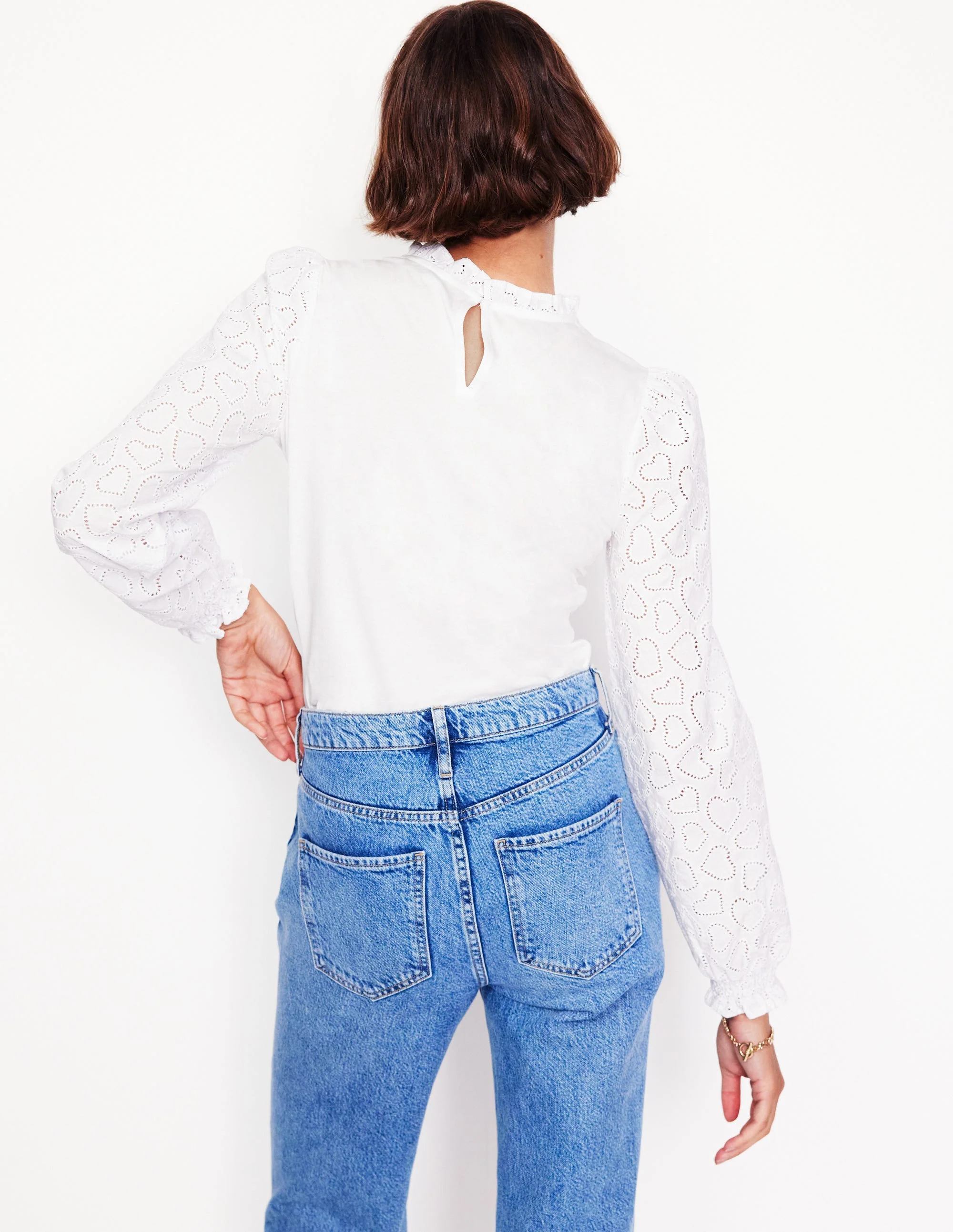 Broderie Sleeve Frill Neck Top-White - Image 3