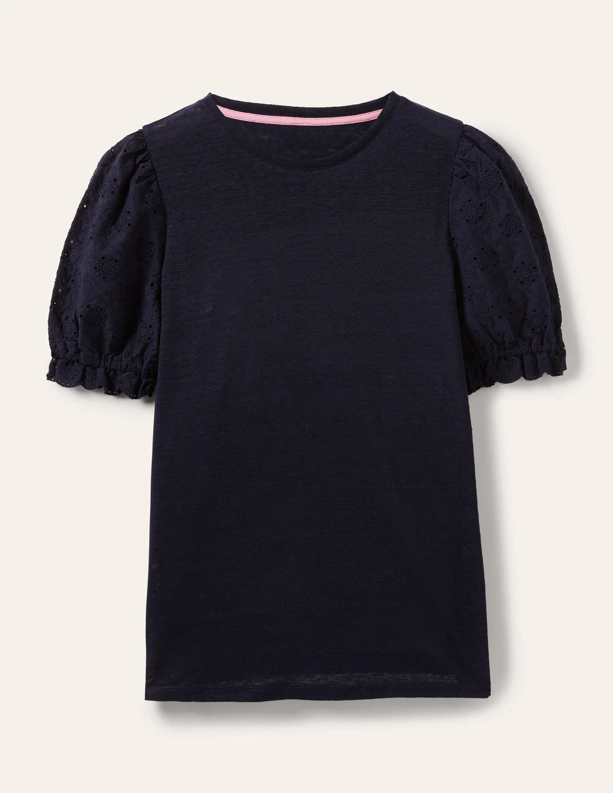 Broderie Sleeve Linen T-Shirt-Navy - Image 5
