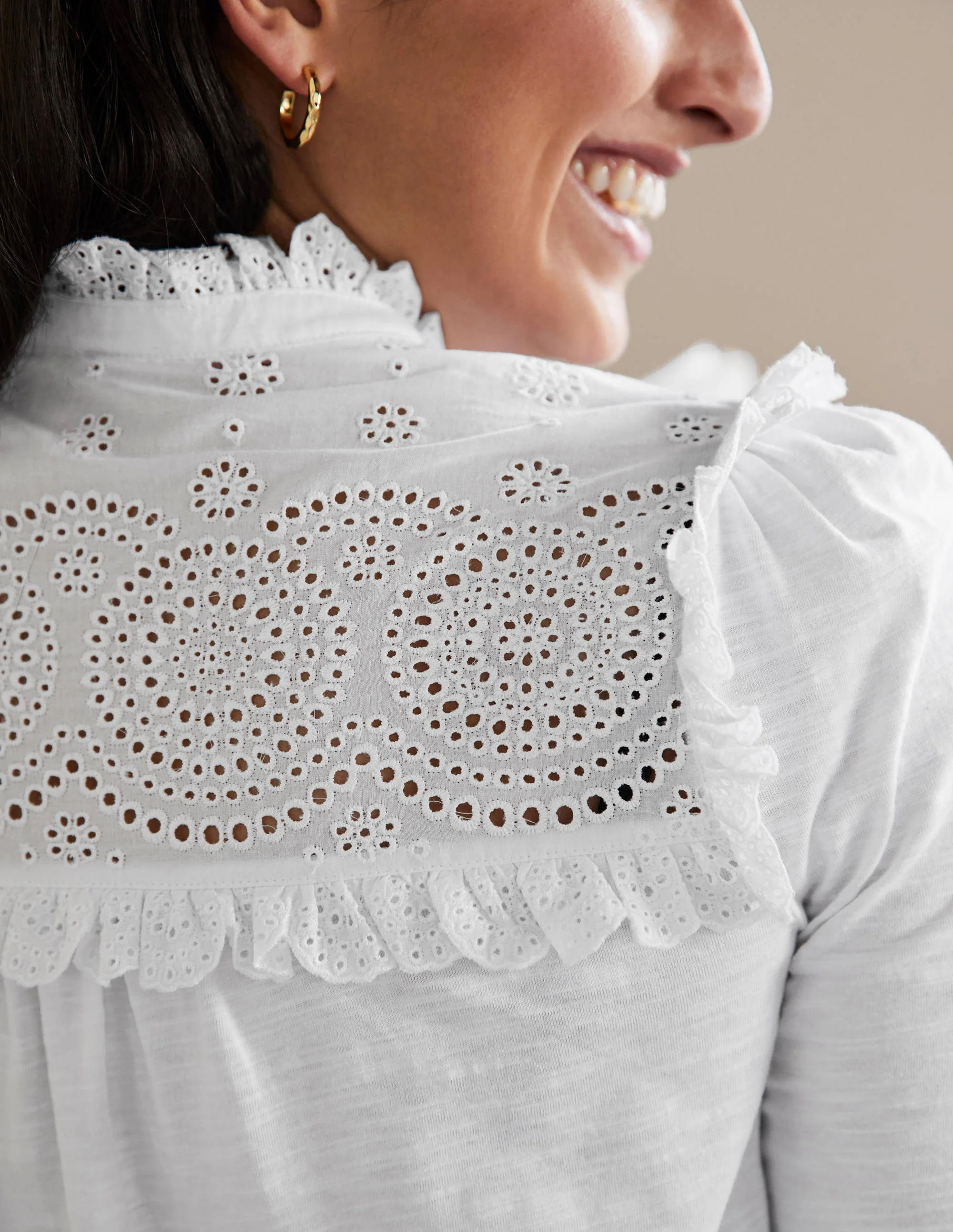 Broderie Yoke Jersey Top-White - Image 2