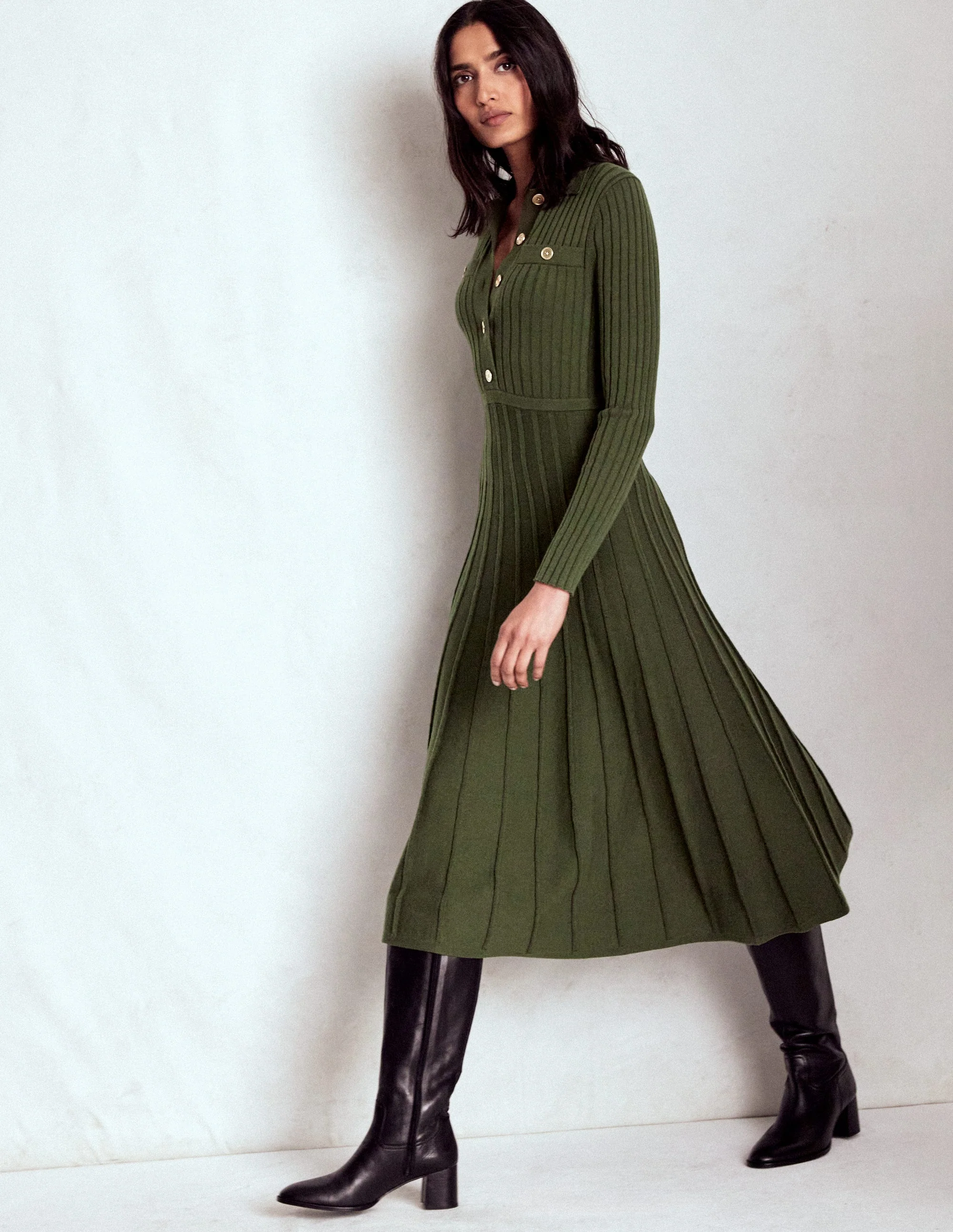 Brönte Knitted Rib Shirt Dress-Woodland Green - Image 4