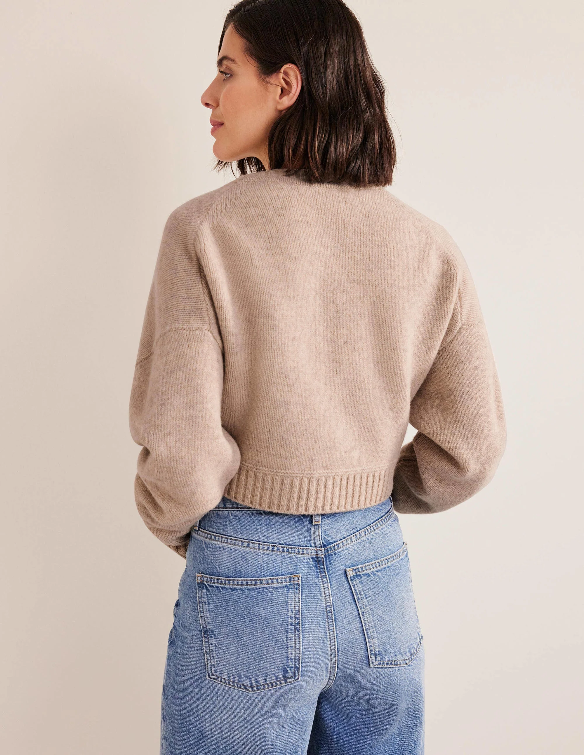 Brushed Wool Cropped Cardigan-Oatmeal Melange - Image 3