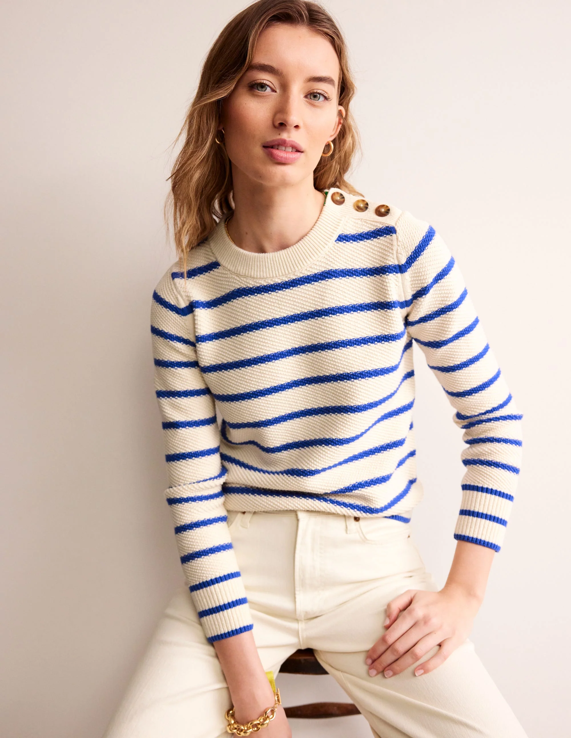 Button Detail Stitch Sweater-Warm Ivory, Island Sapphire - Image 2