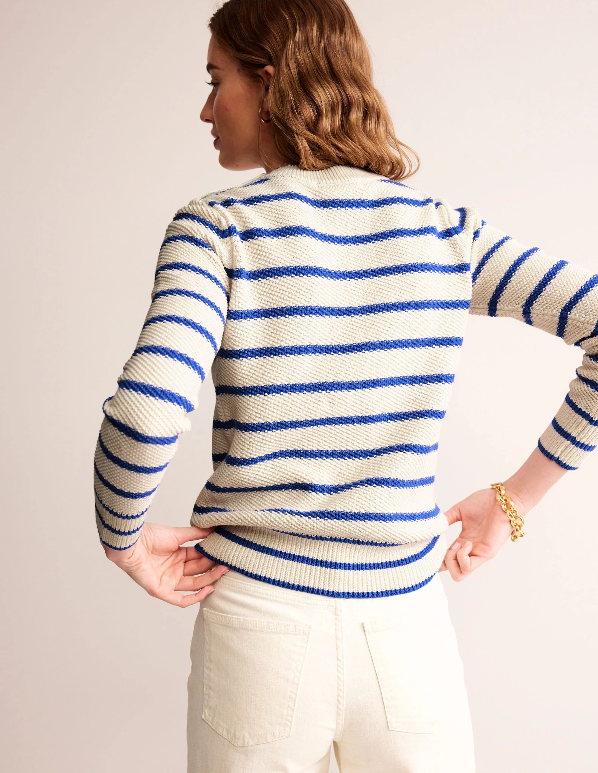 Button Detail Stitch Sweater-Warm Ivory, Island Sapphire - Image 3