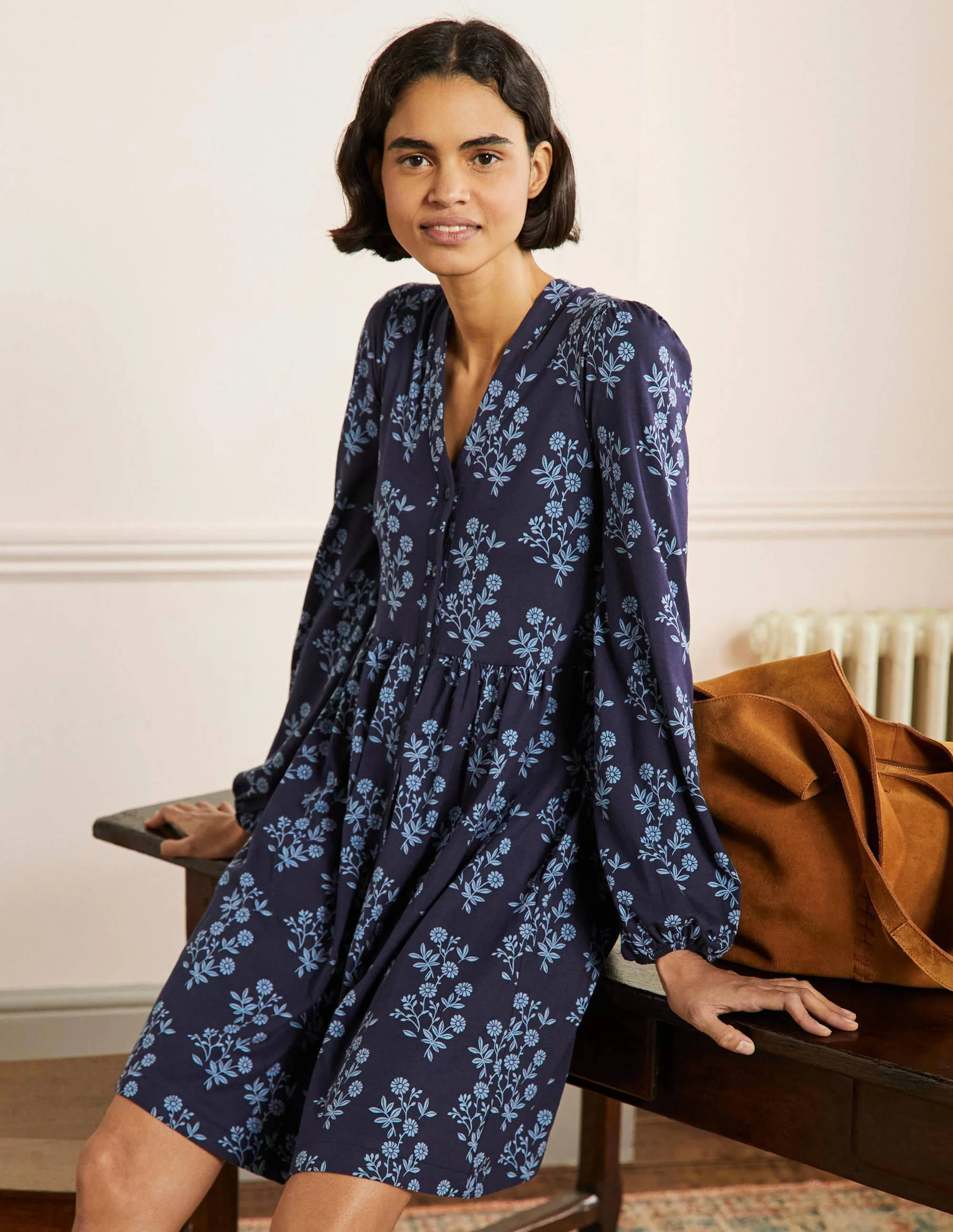 Button Through Jersey Dress-French Navy, Leafy Cluster - Image 4
