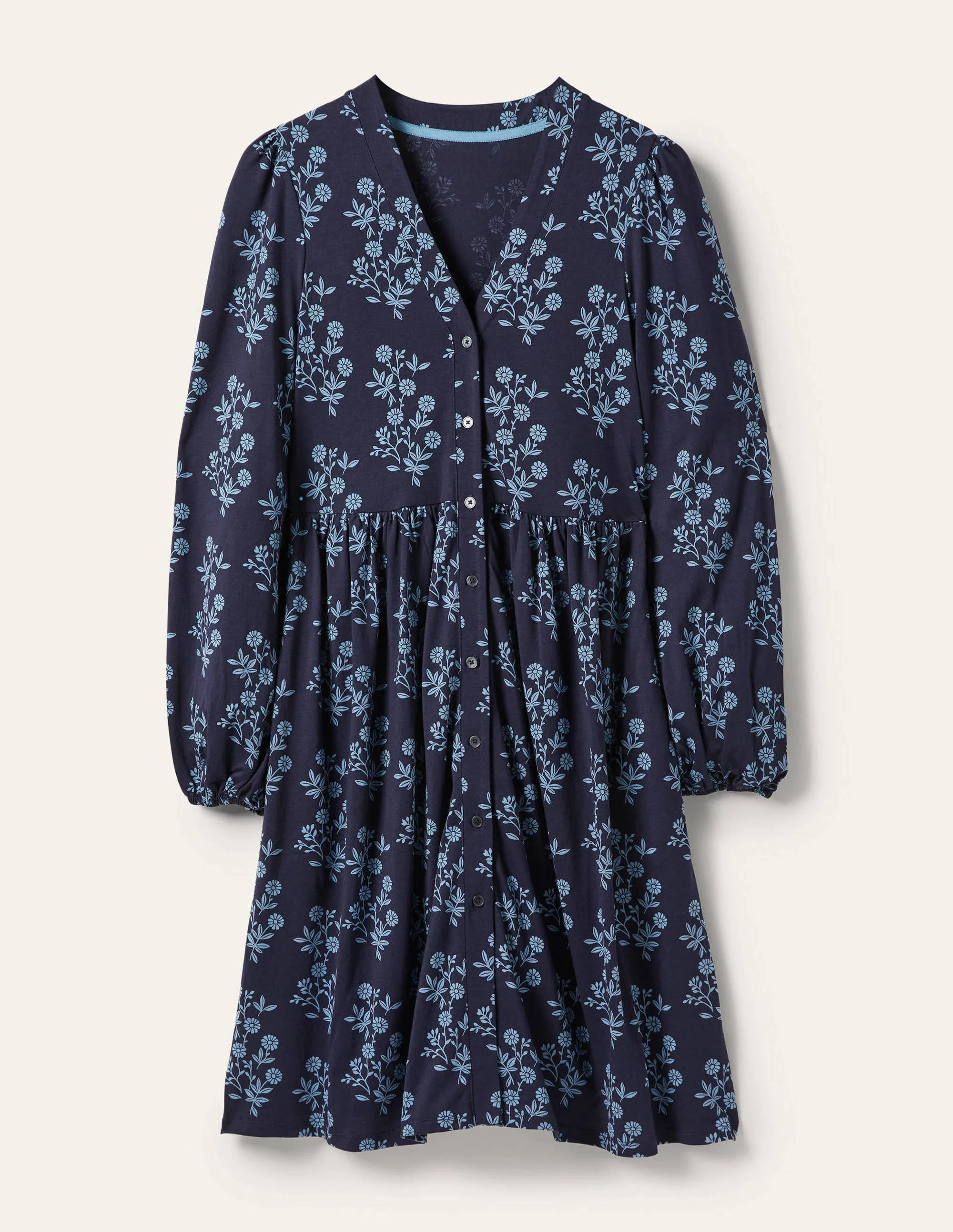 Button Through Jersey Dress-French Navy, Leafy Cluster - Image 5