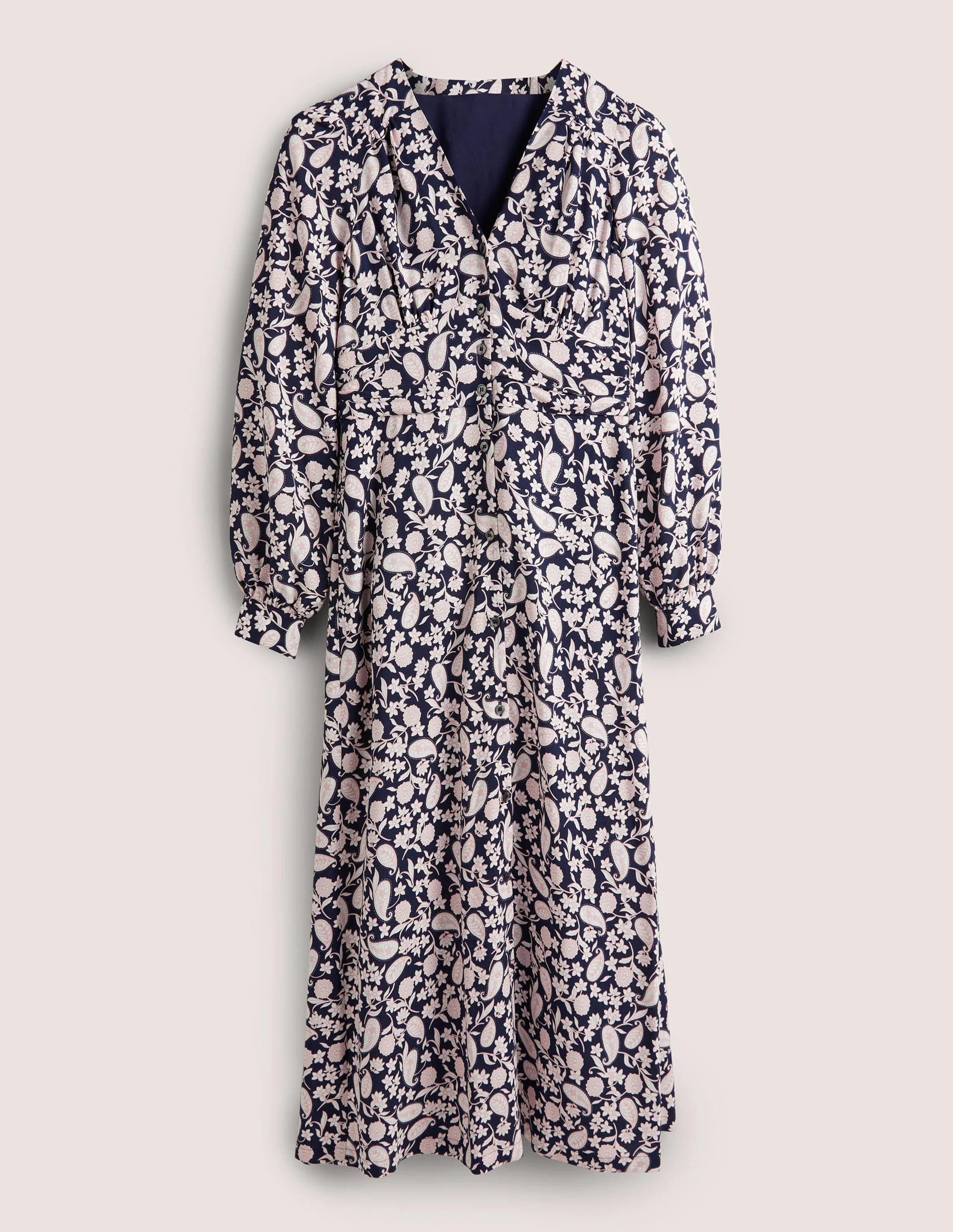 Button Through Midi Tea Dress-Navy, Flower Garden - Image 5