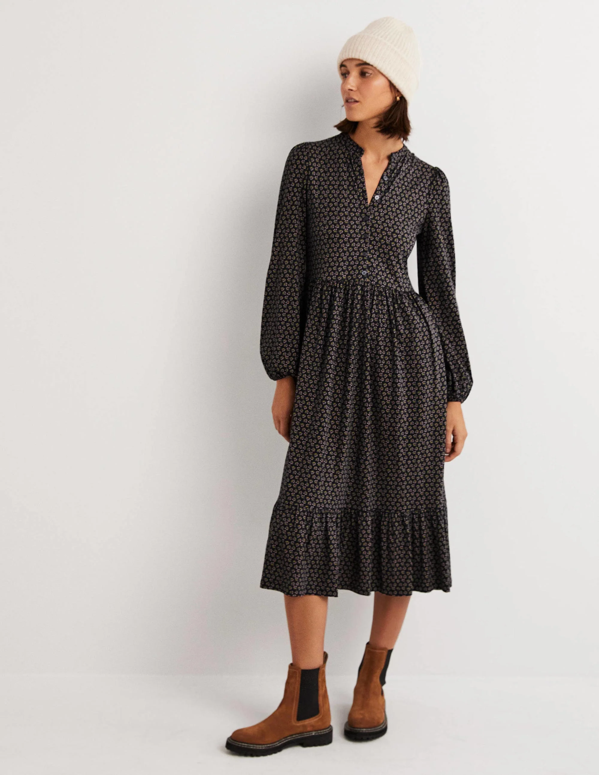 Buttoned Jersey Midi Dress-Black, Diamond Bud - Image 4