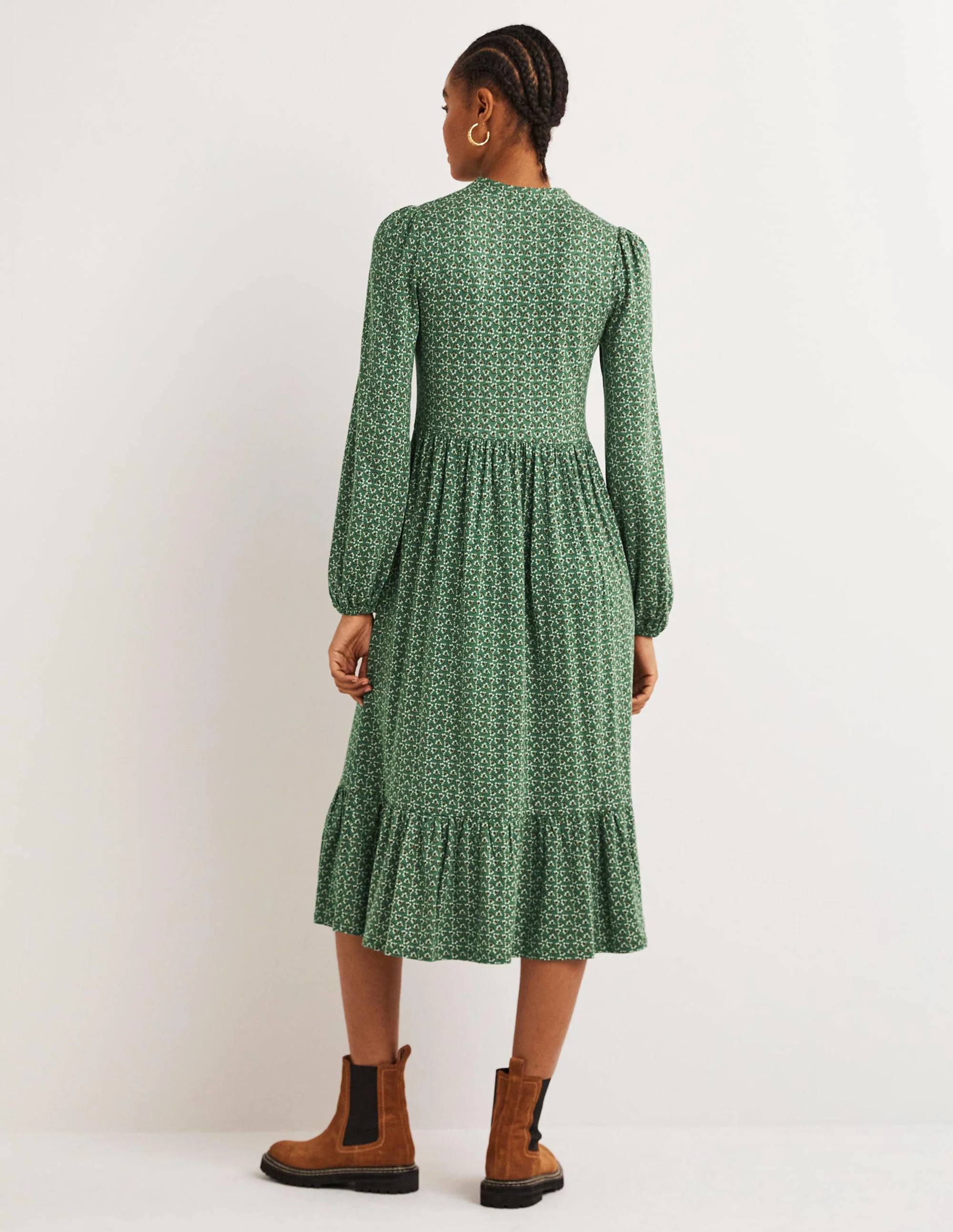 Buttoned Jersey Midi Dress-Hunter Green, Diamond Bud - Image 3