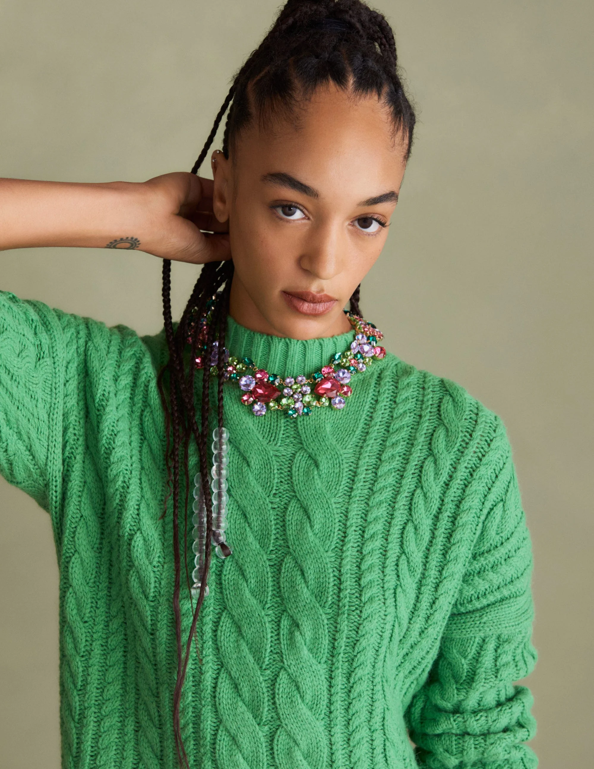 Cable Knit Sweater-Iguana Green - Image 6
