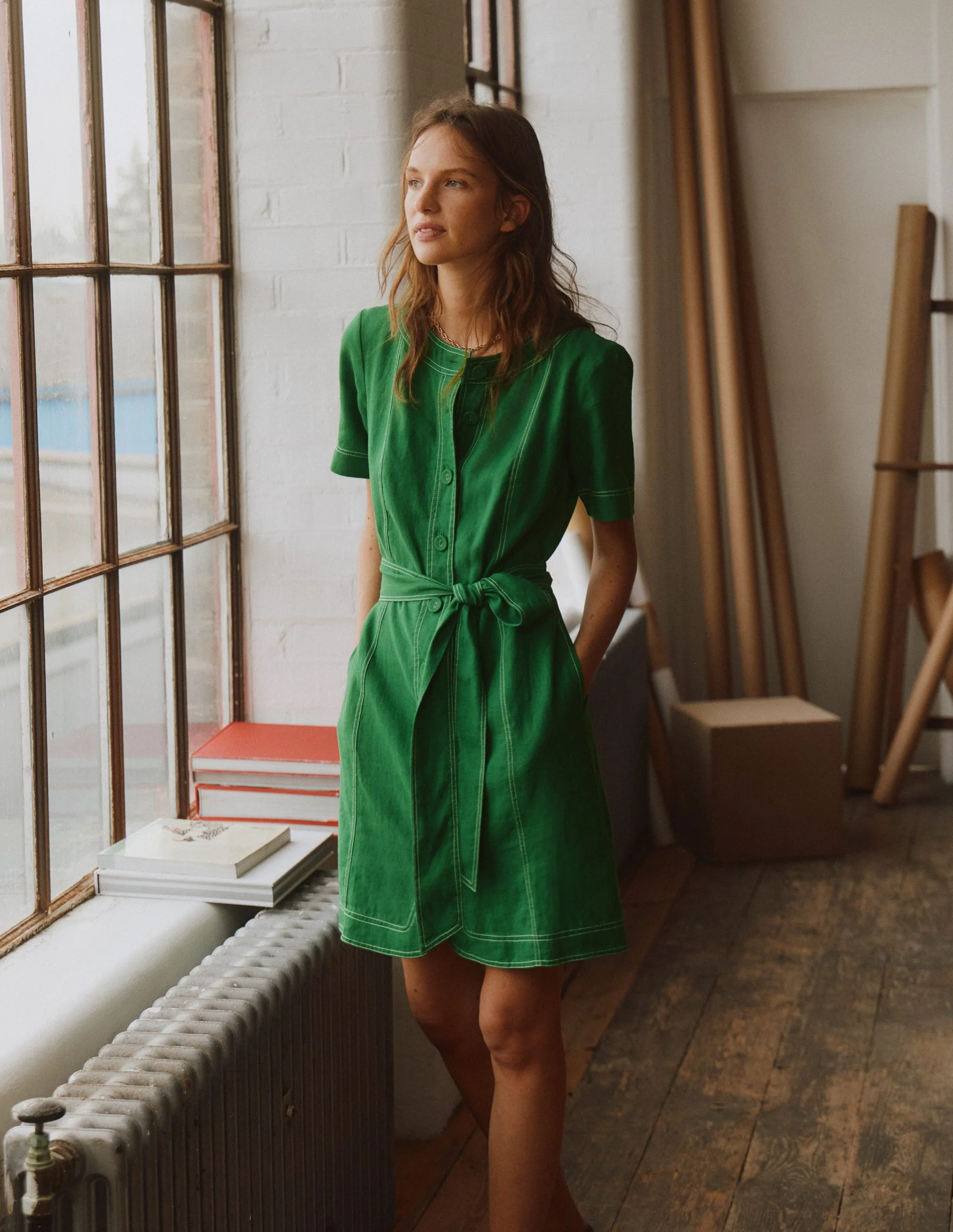 Callie Linen Short Dress-Highland Green - Image 5