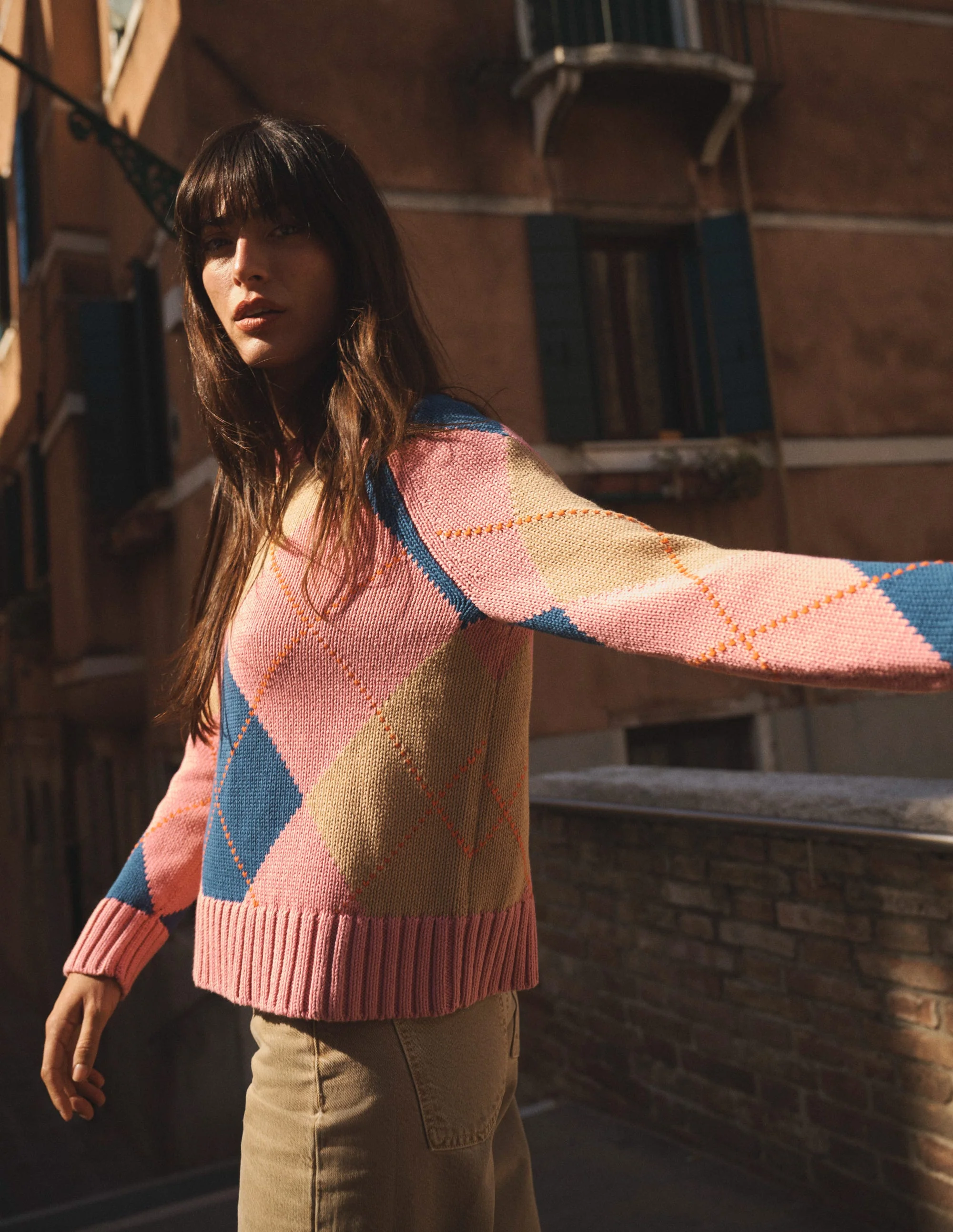 Camilla Cotton Argyle Sweater-Pink Argyle - Image 5