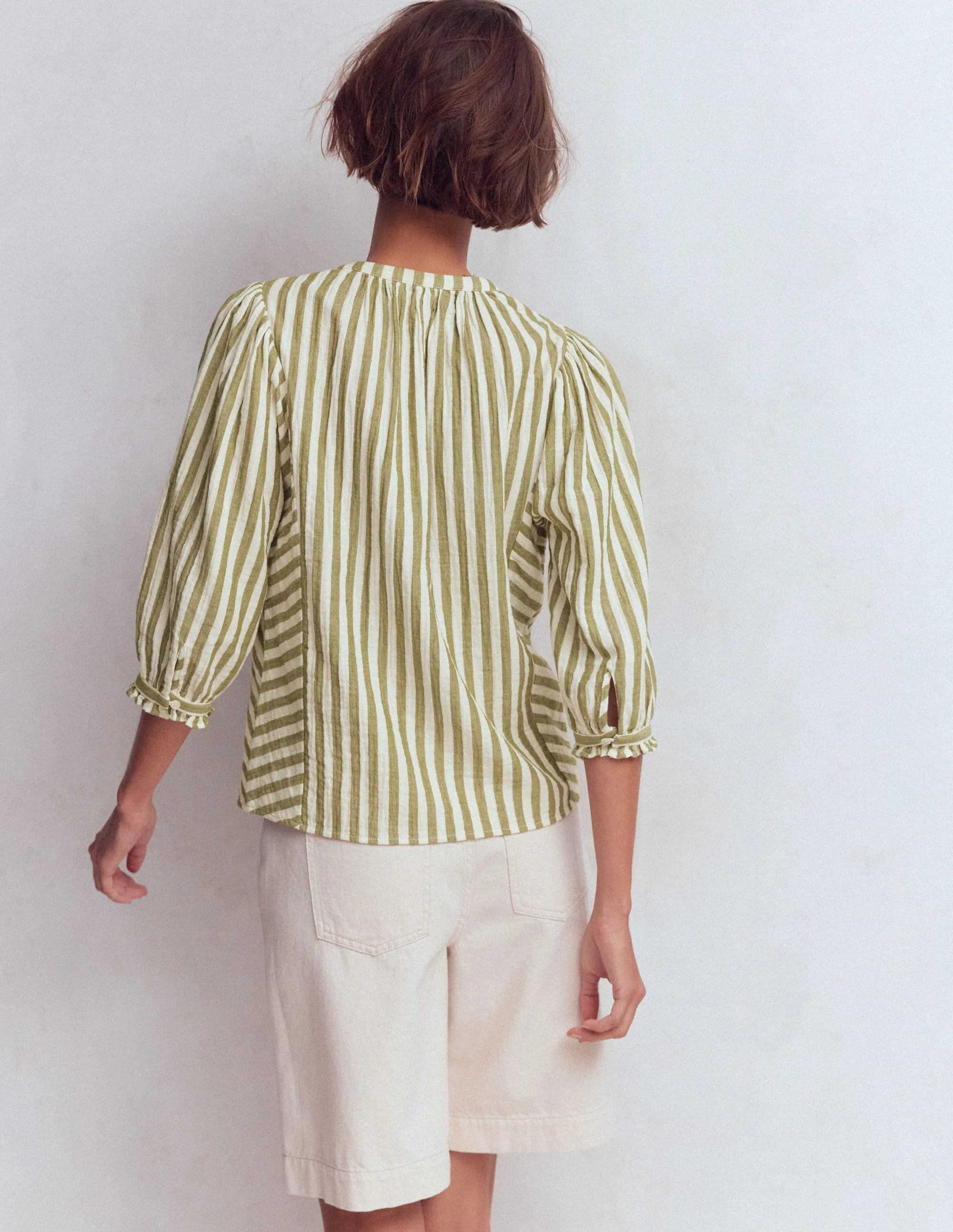 Camille Double Cloth Top-Olive, Ivory Fine Stripe - Image 3