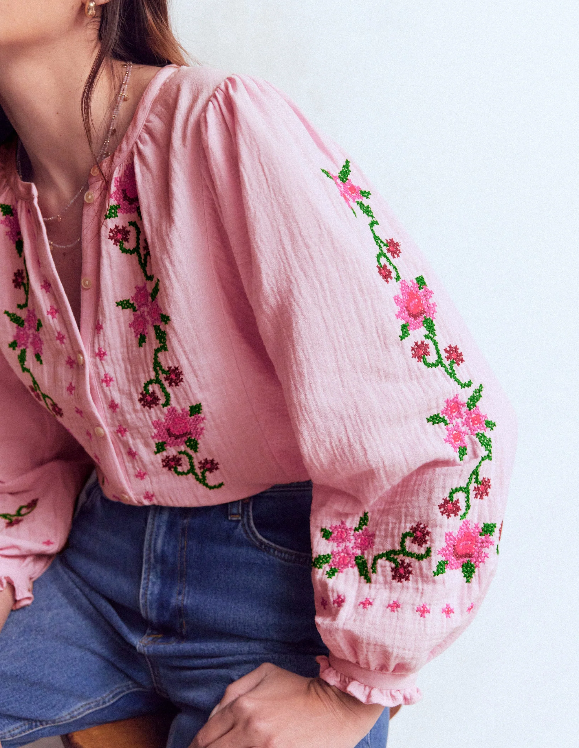 Camille Double Cloth Top-Spring Blossom Pink Embroidery - Image 3