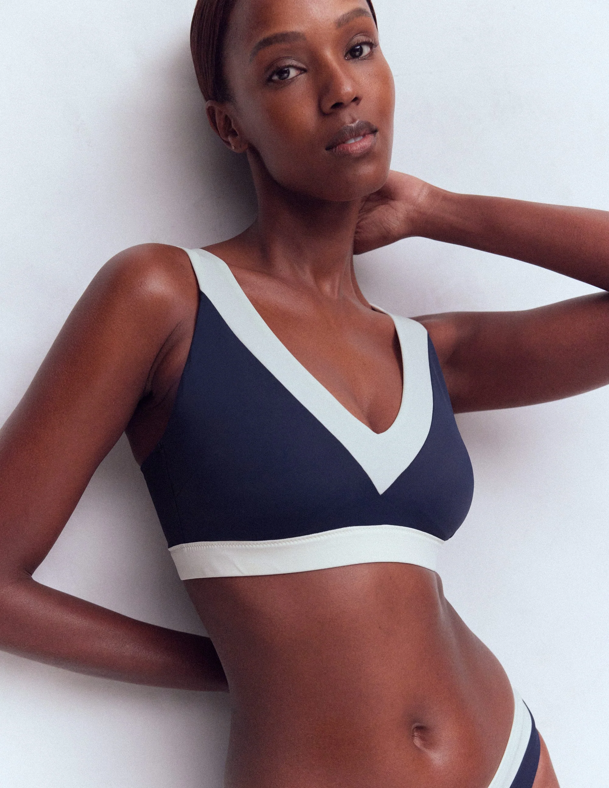 Campania Cross-back Bikini Top-Navy, Ivory Colourblock - Image 5