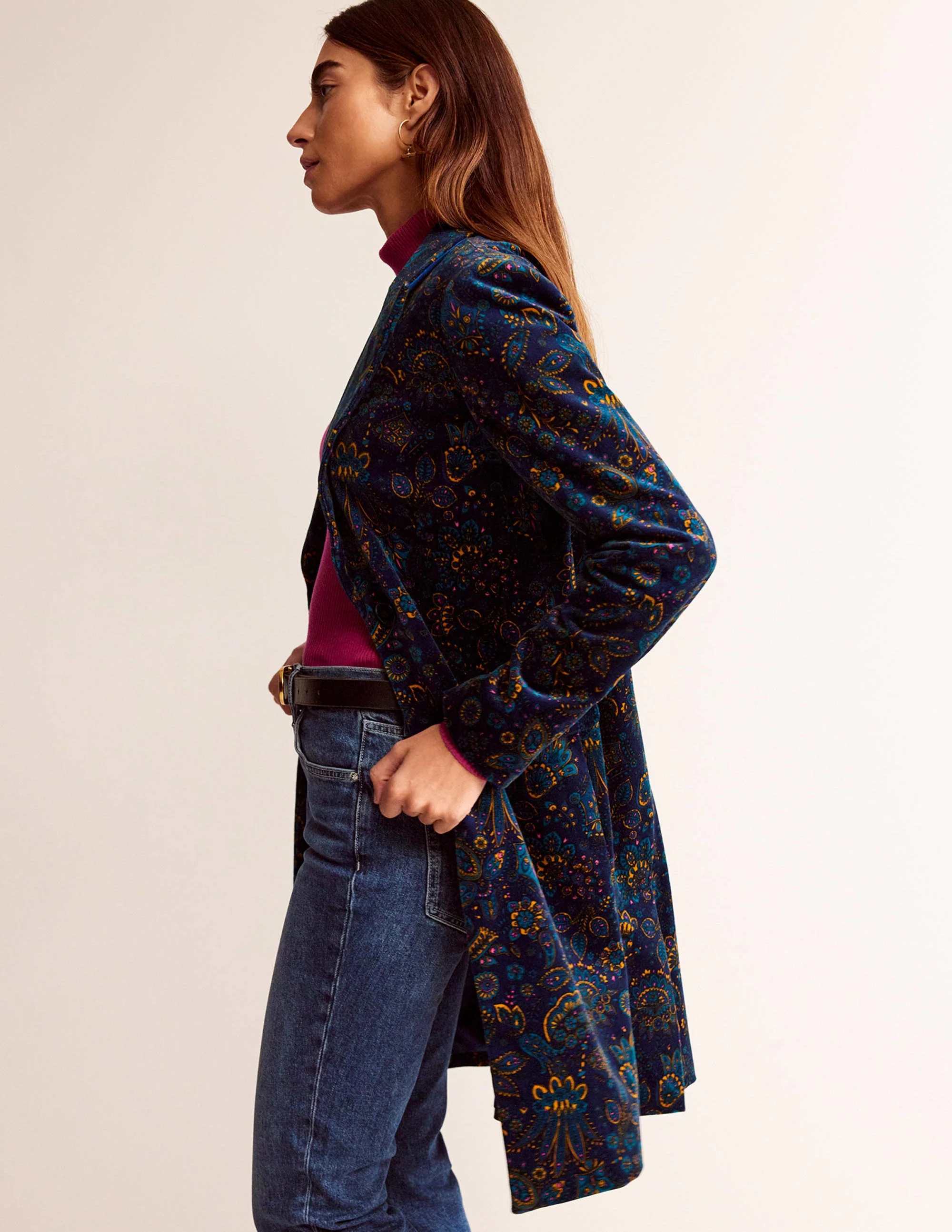 Canterbury Velvet Coat-French Navy, Azalea Bloom - Image 4