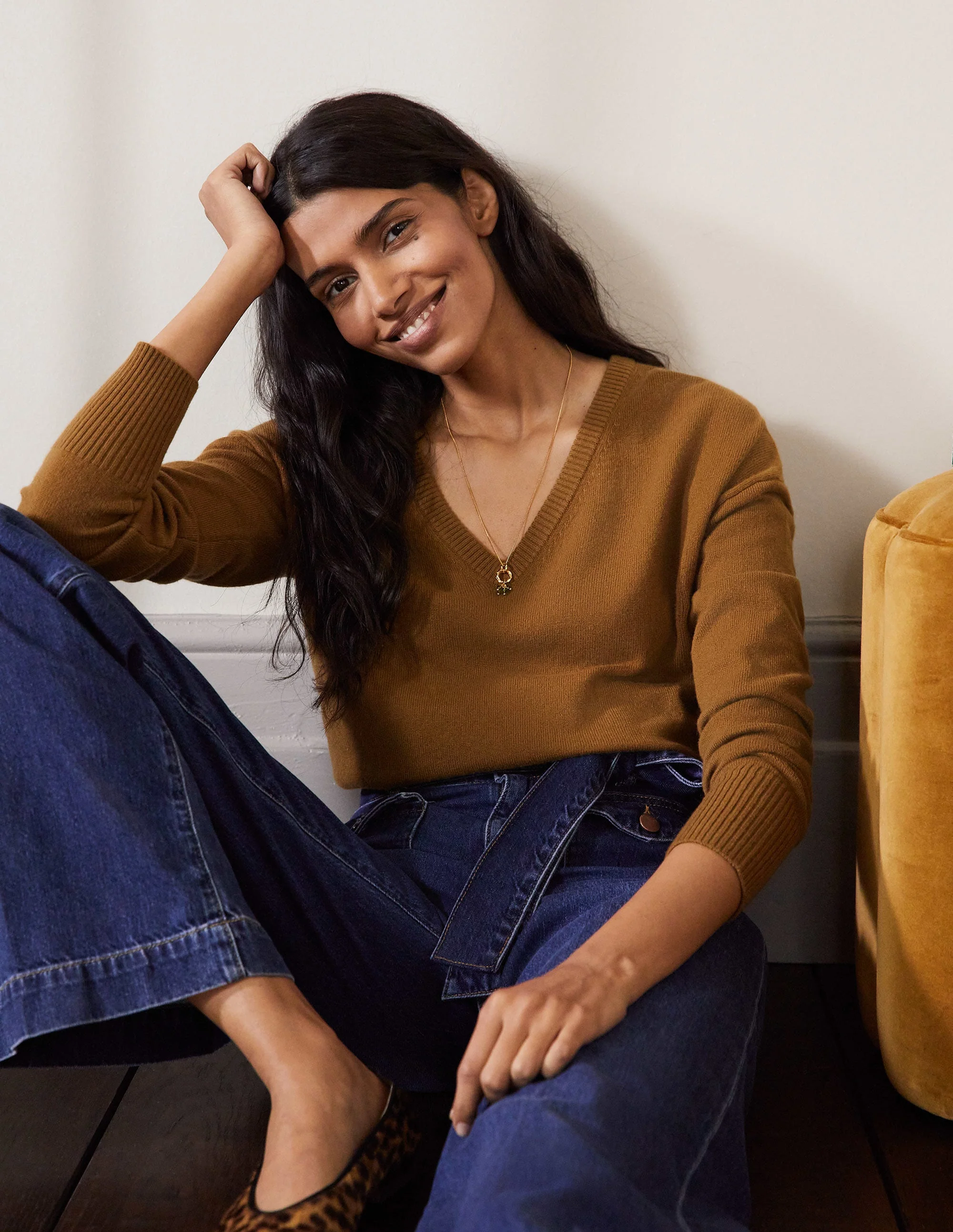 Cashmere V-neck Relax Jumper-Moss Brown