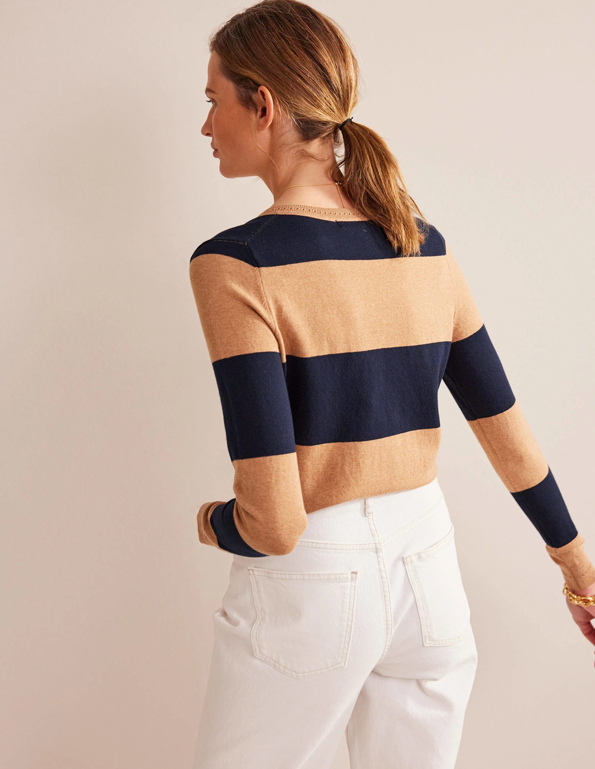 Catriona Cotton V-Neck Jumper-Camel Melange and Navy Stripe - Image 3