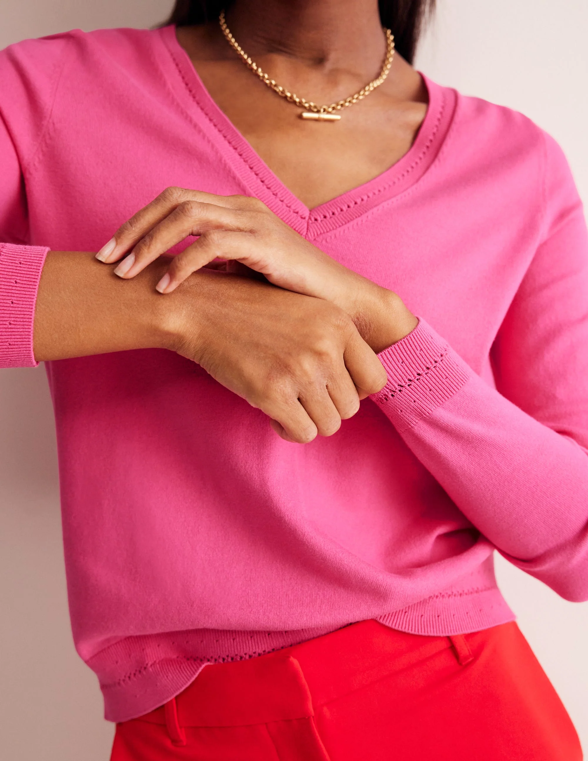 Catriona Cotton V-Neck Jumper-Carmine Rose Pink - Image 2