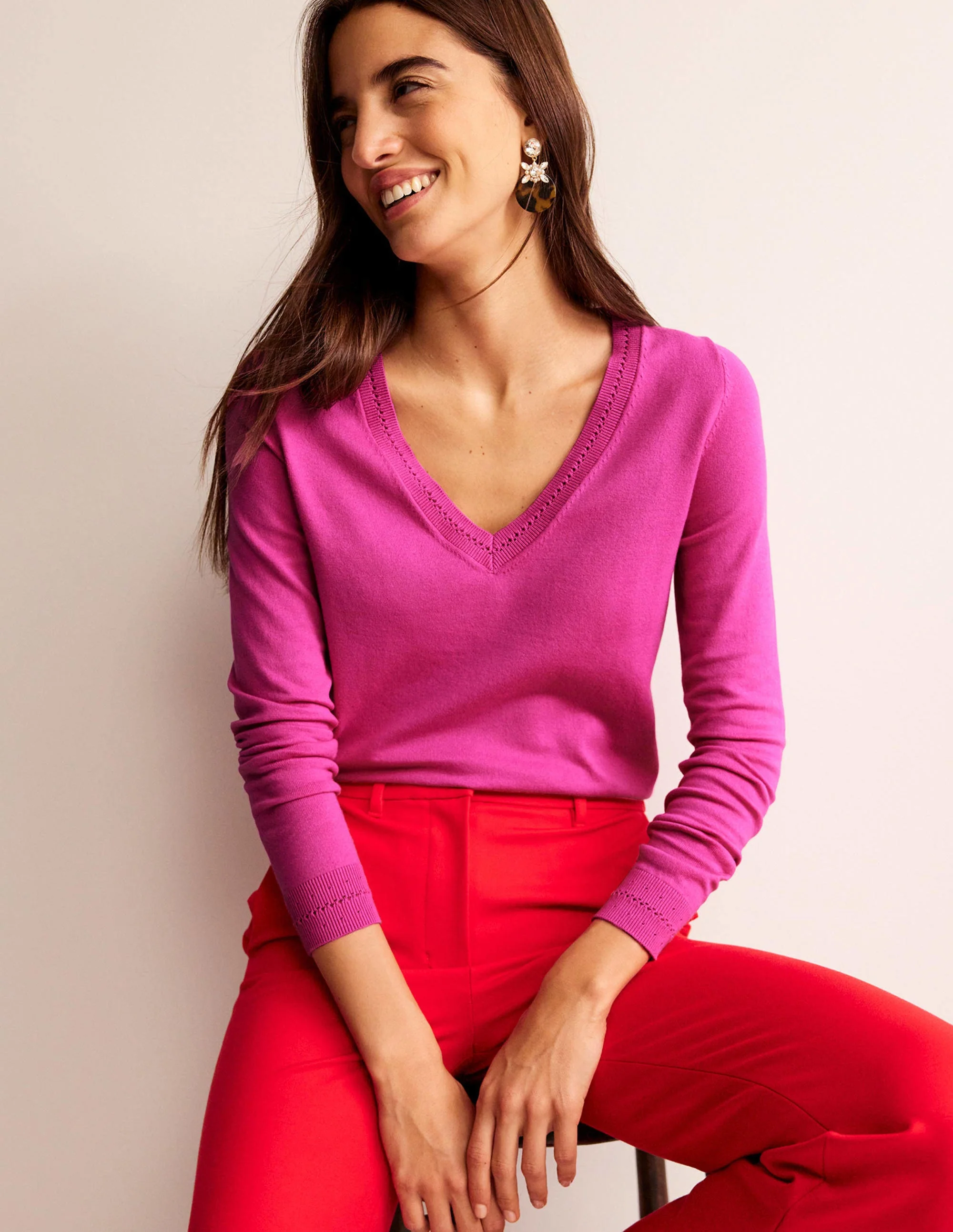 Catriona Cotton V-Neck Jumper-Cosmos Pink - Image 2
