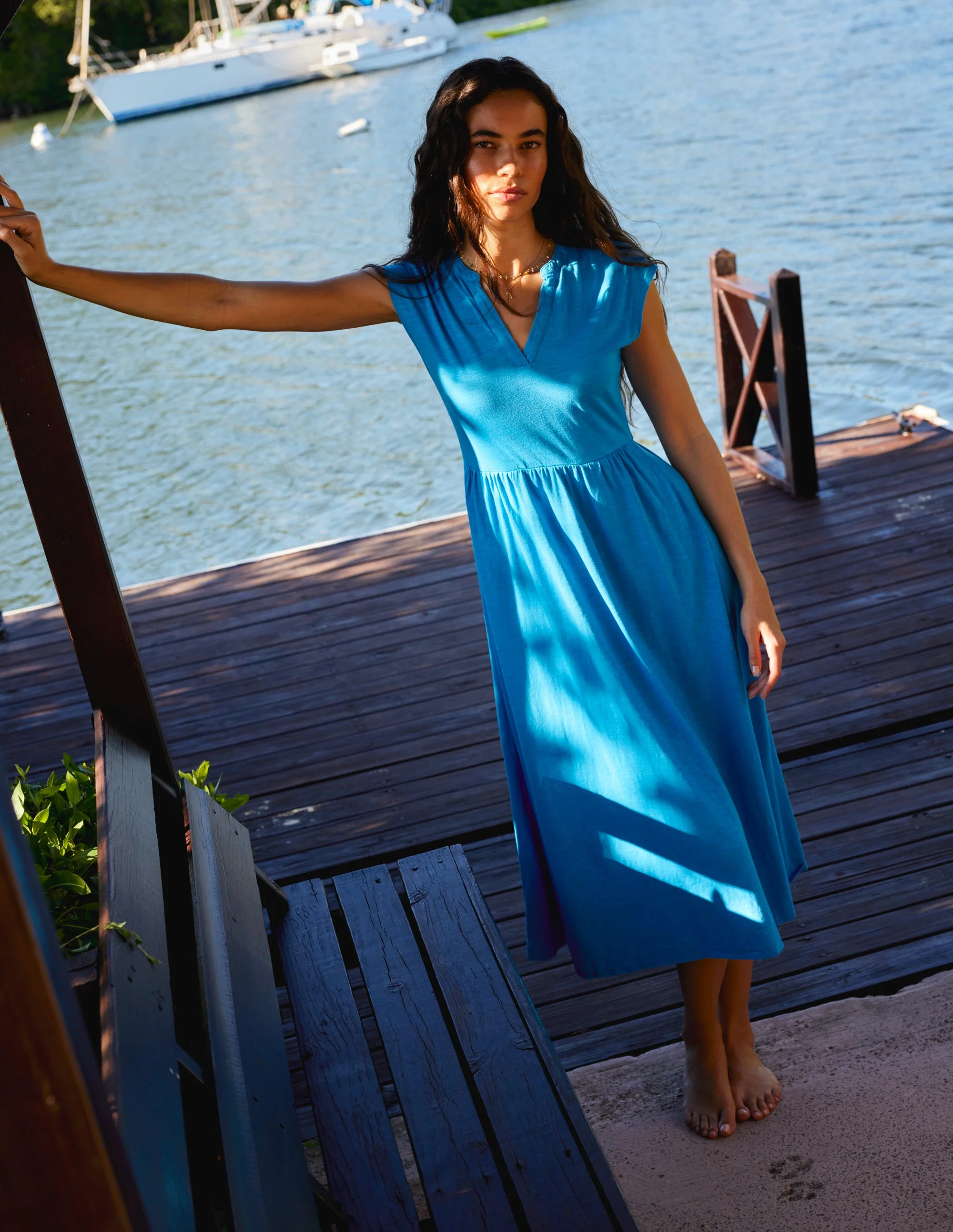 Chloe Notch Jersey Midi Dress-Brilliant Blue - Image 5