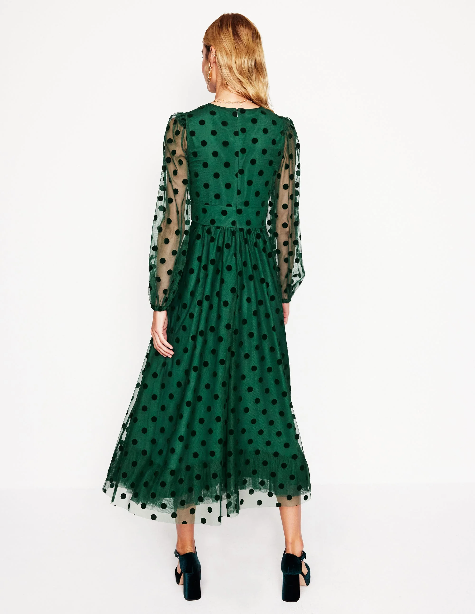 Christina Tulle Midi Dress-Green, Spots - Image 3