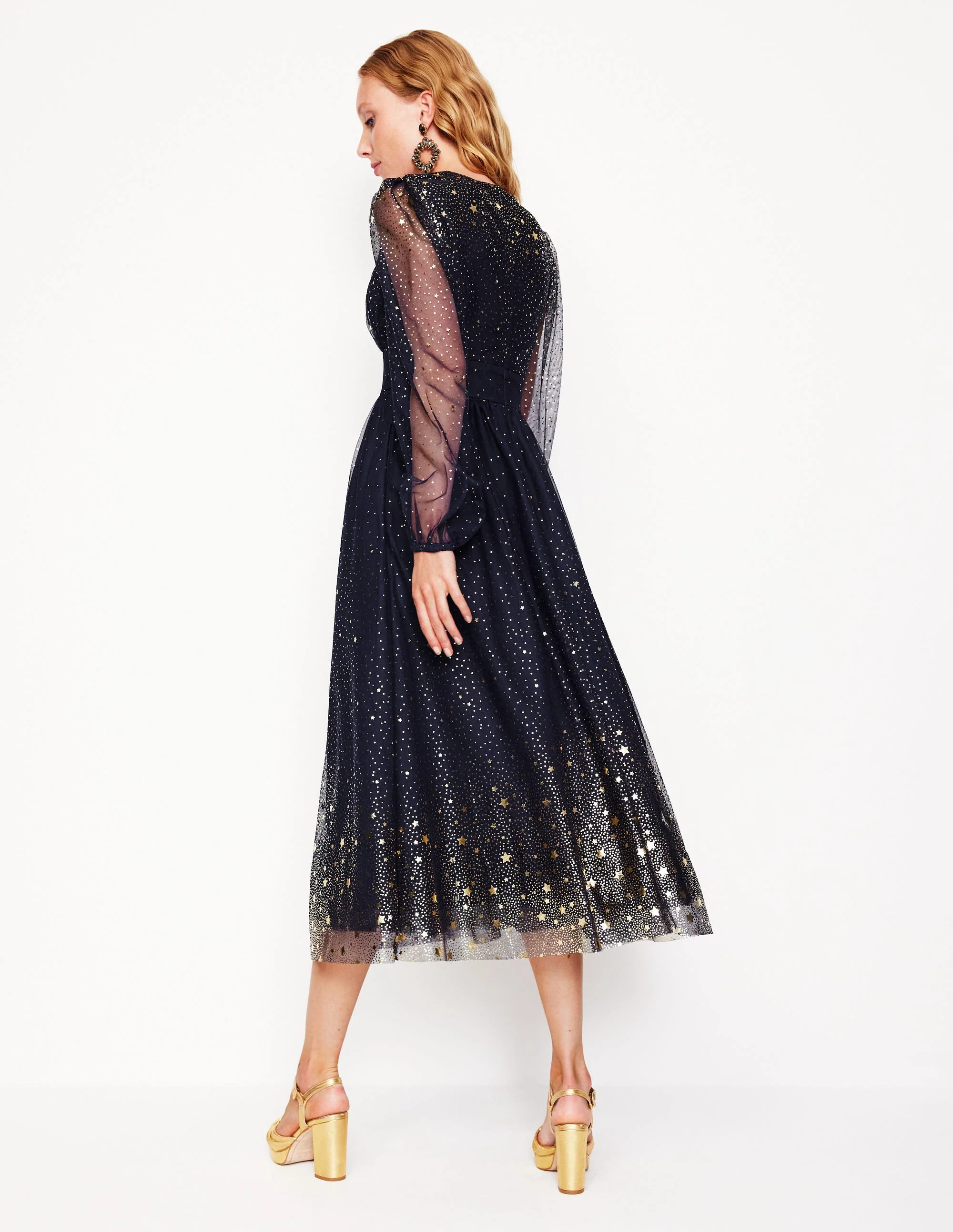 Christina Tulle Midi Dress-Navy, Foil Scattered Stars - Image 3
