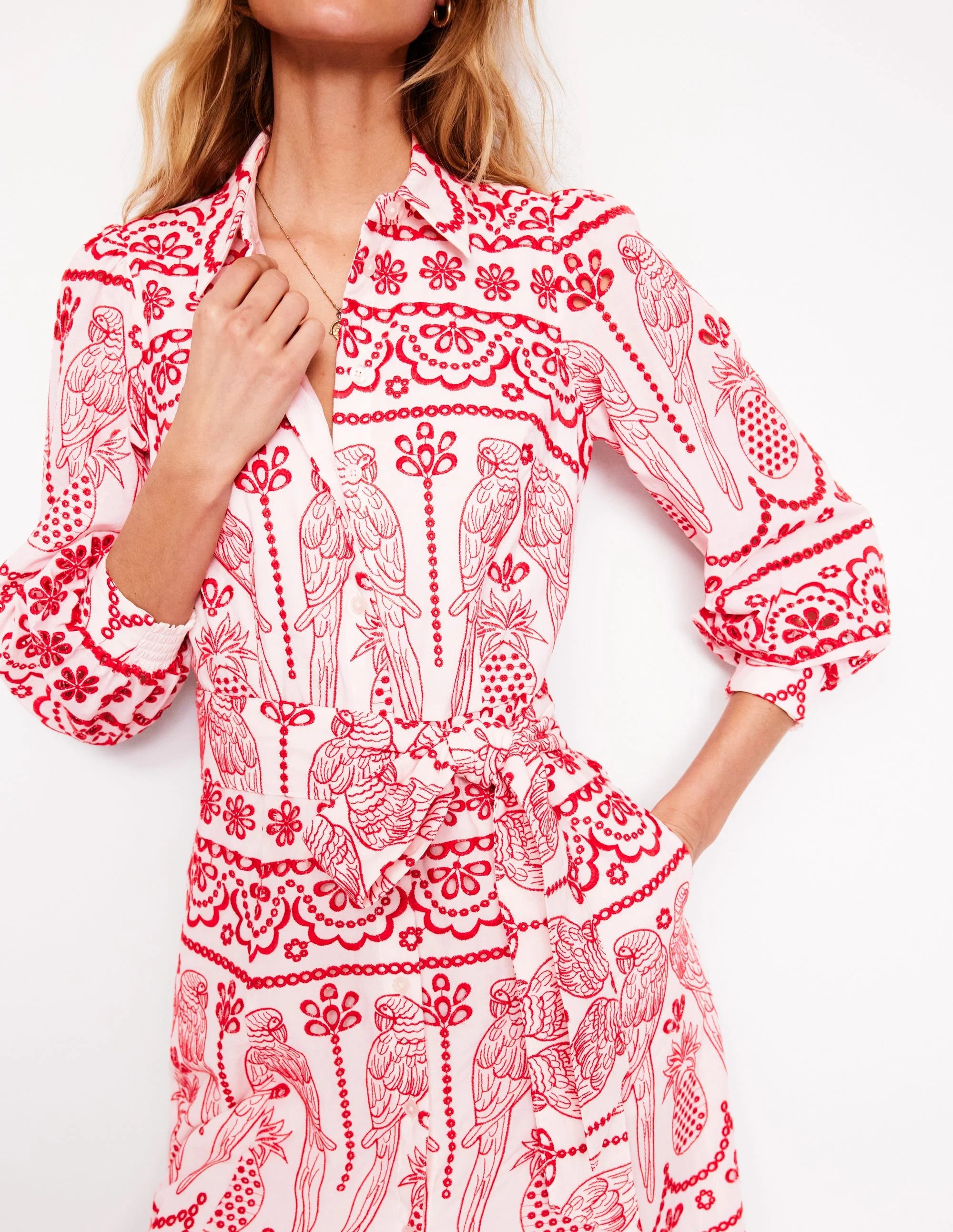 Clara Broderie Shirt Dress-Poppy Red, Parrot Broderie - Image 2
