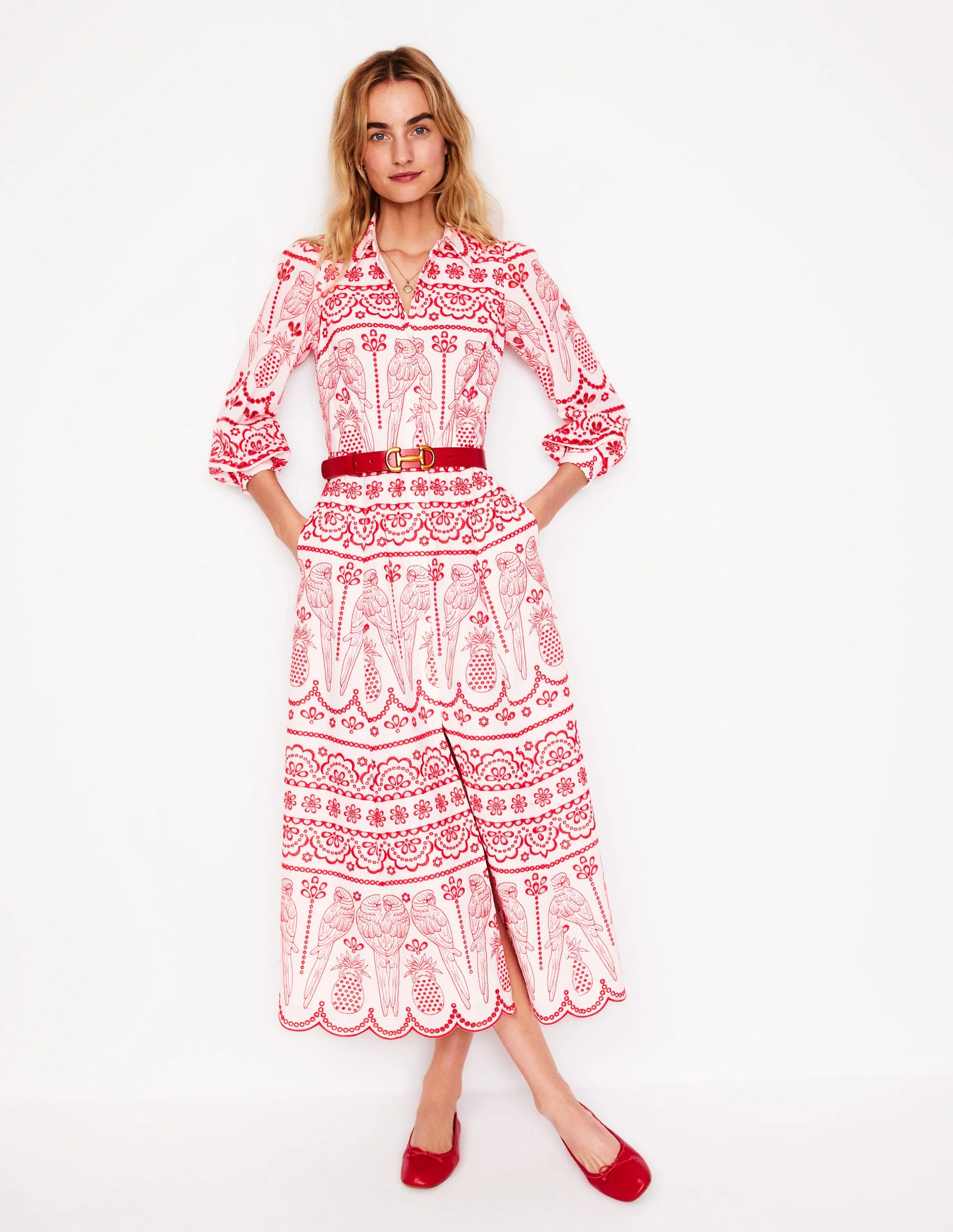 Clara Broderie Shirt Dress-Poppy Red, Parrot Broderie - Image 5