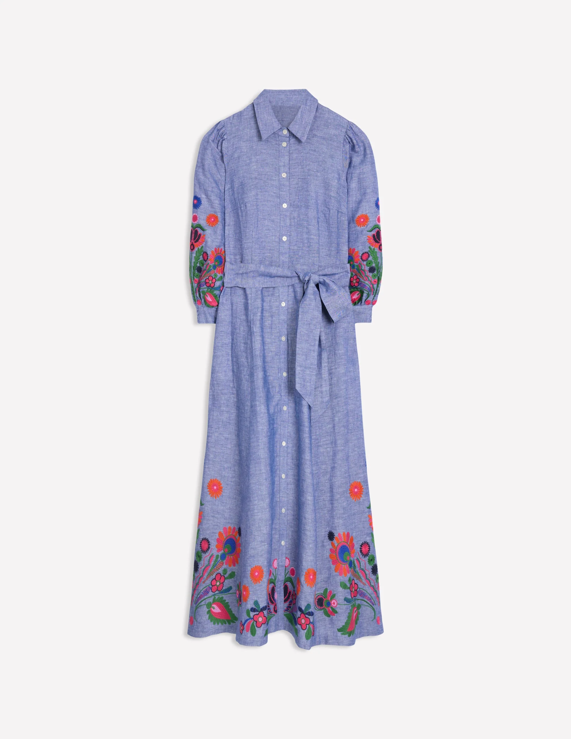 Clara Linen Blend Shirt Dress-Blue Chambray, Embroidered - Image 7