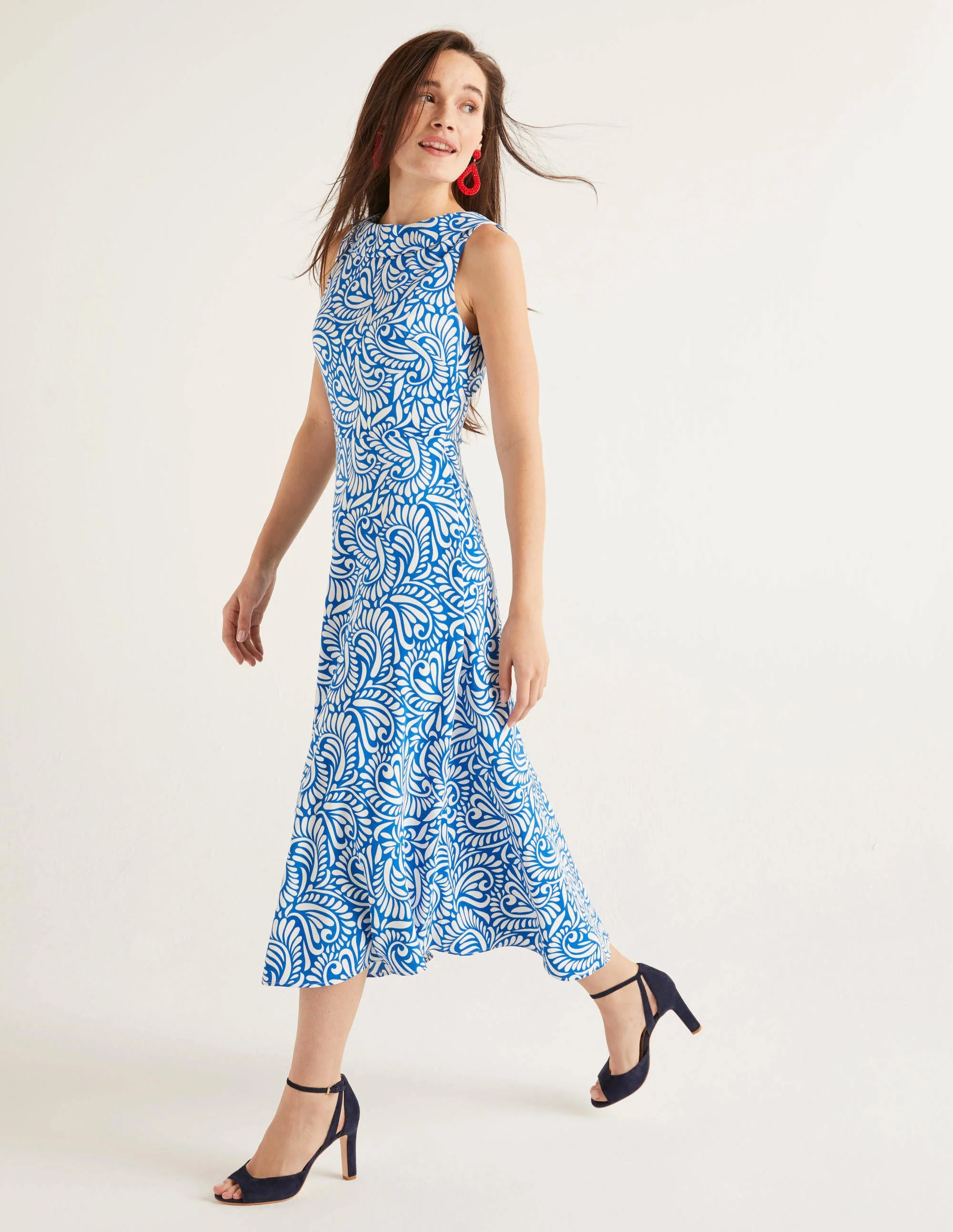 Clarissa Midi Dress-Bold Blue, Fern Swirl - Image 2