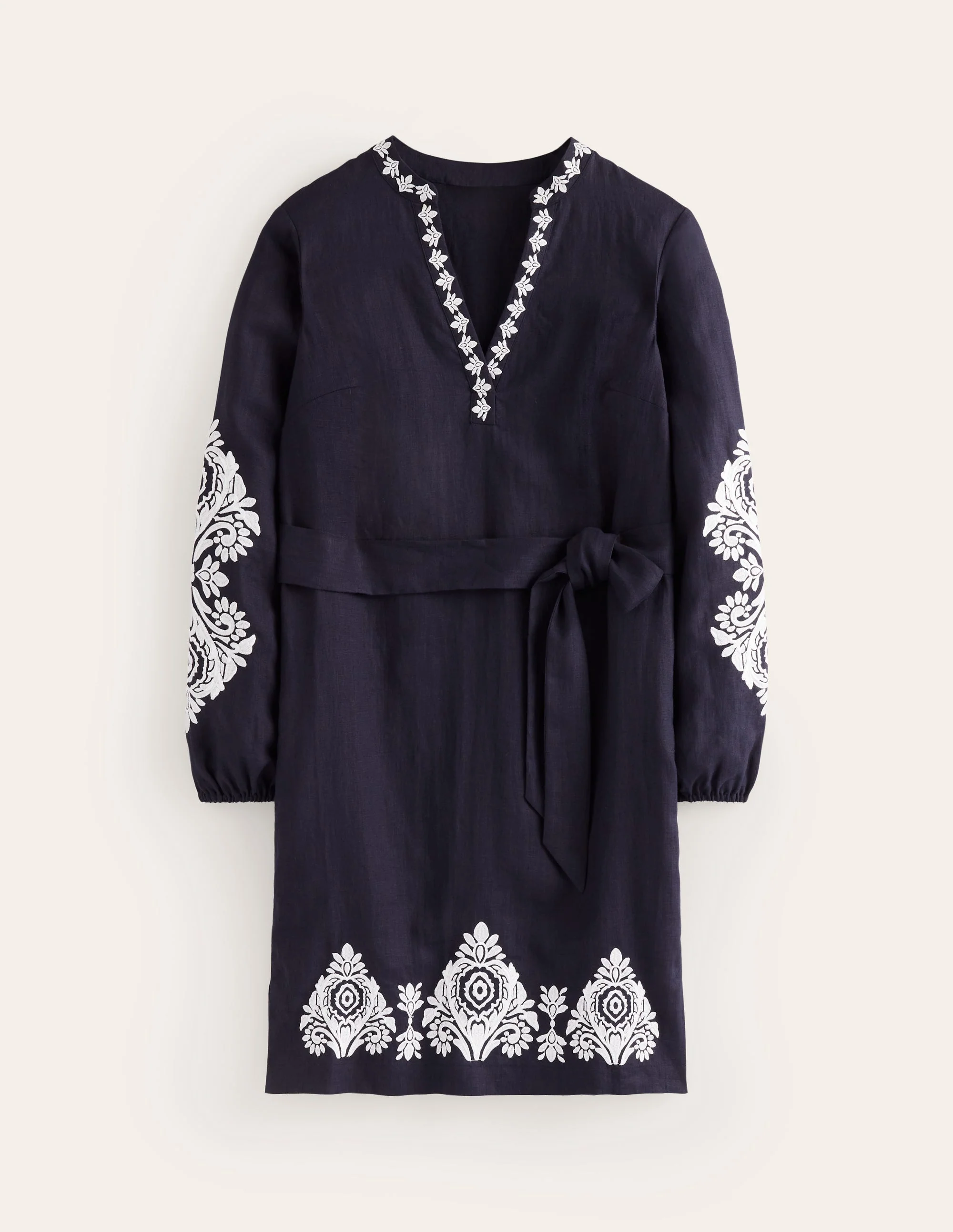 Cleo Embroidered Linen Dress-Navy, White - Image 5