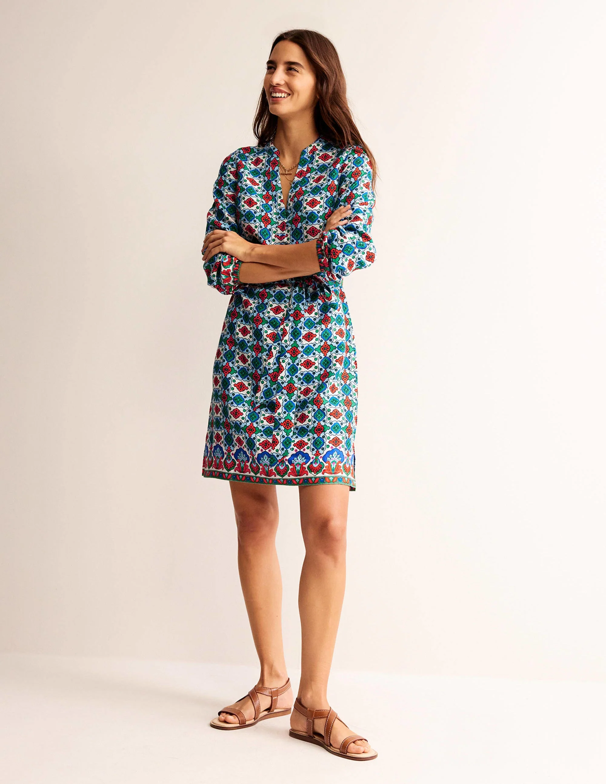 Cleo Linen Tie Waist Dress-Multi, Coastal Tile - Image 4