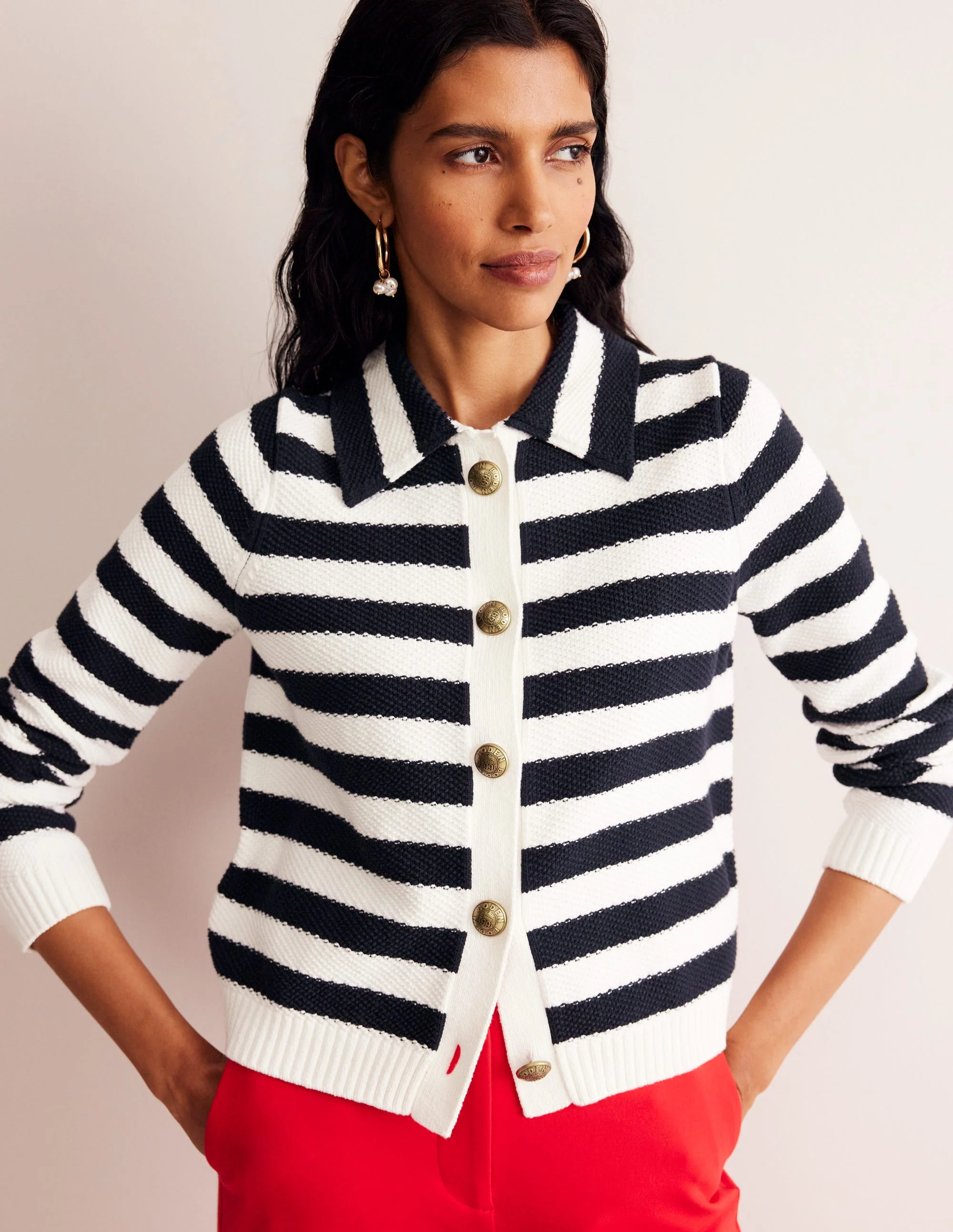 Collared Knitted Cardigan-Navy/ Ivory - Image 4