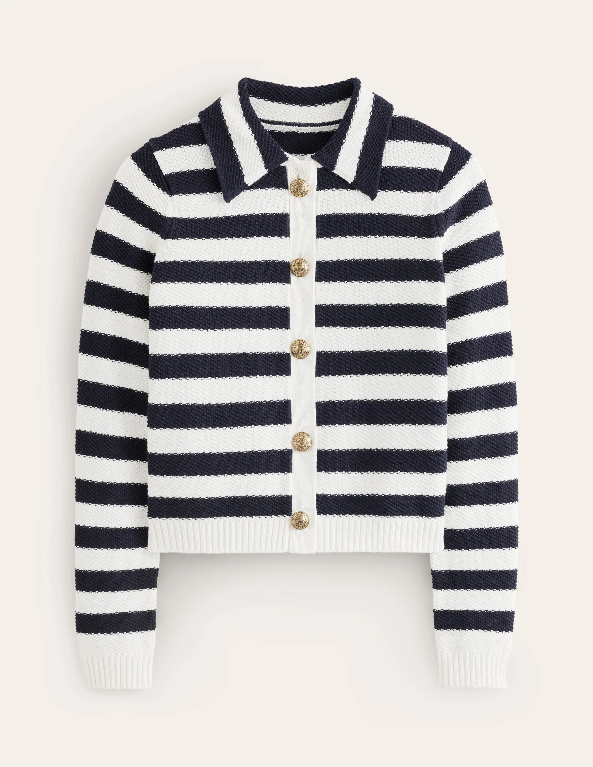 Collared Knitted Cardigan-Navy/ Ivory - Image 5