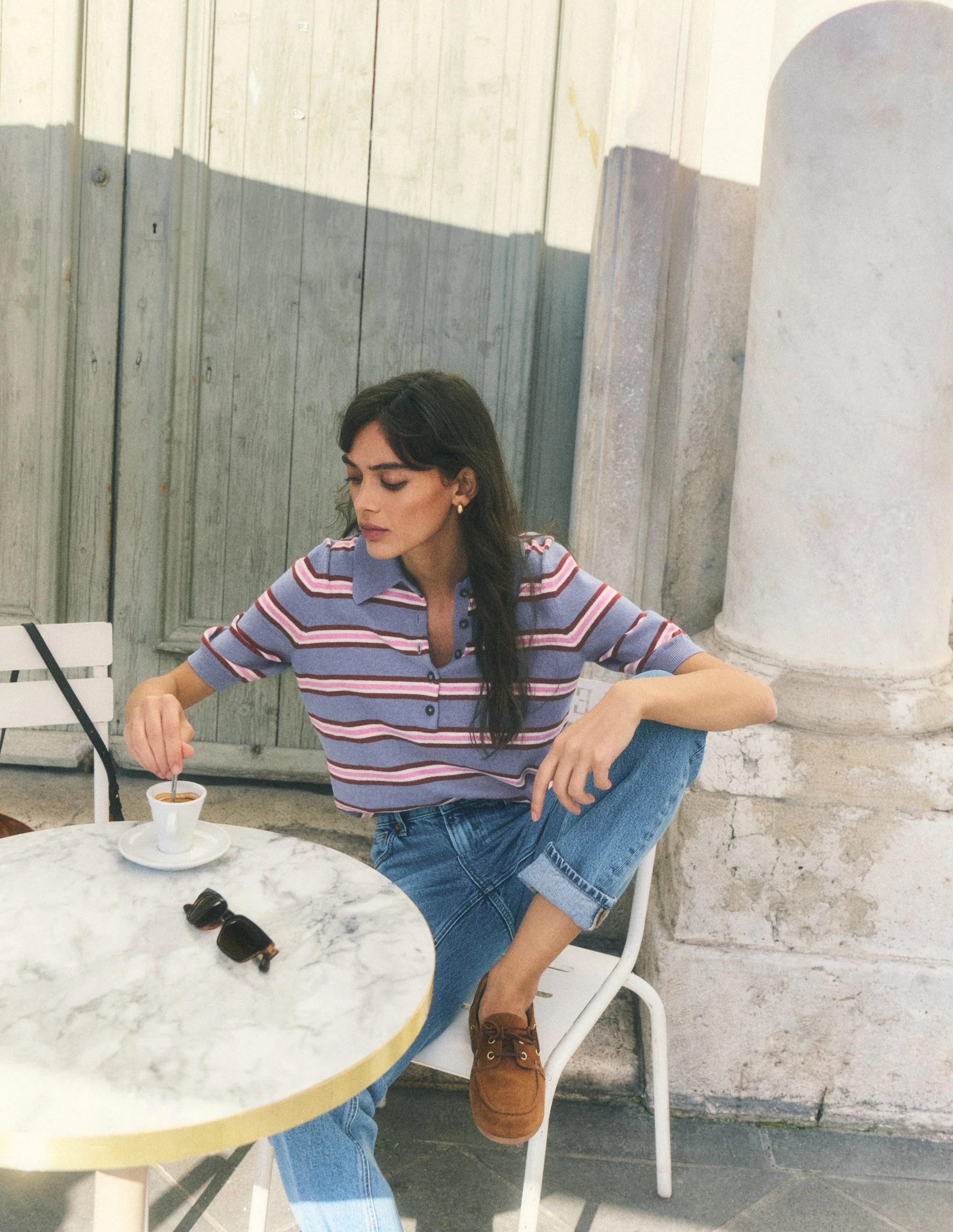 Collared Knitted T-shirt-Blue Aura, Stripe - Image 6