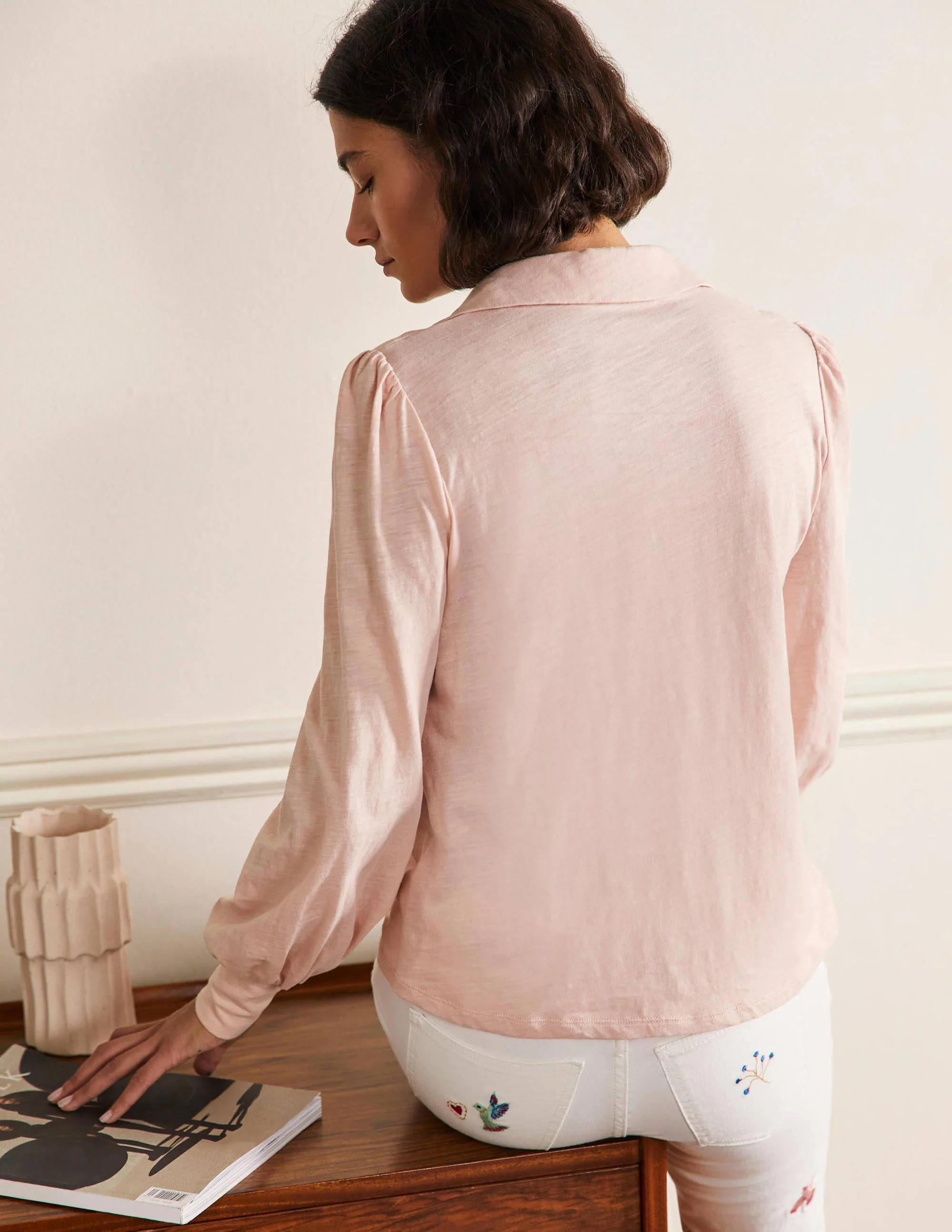 Collared Notch Neck Cotton Top-Milkshake - Image 3