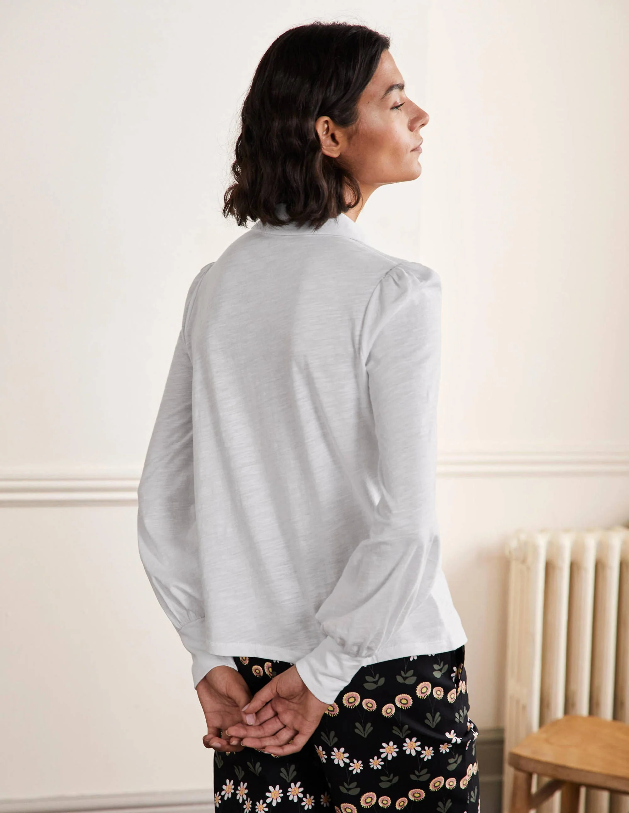 Collared Notch Neck Cotton Top-White - Image 3