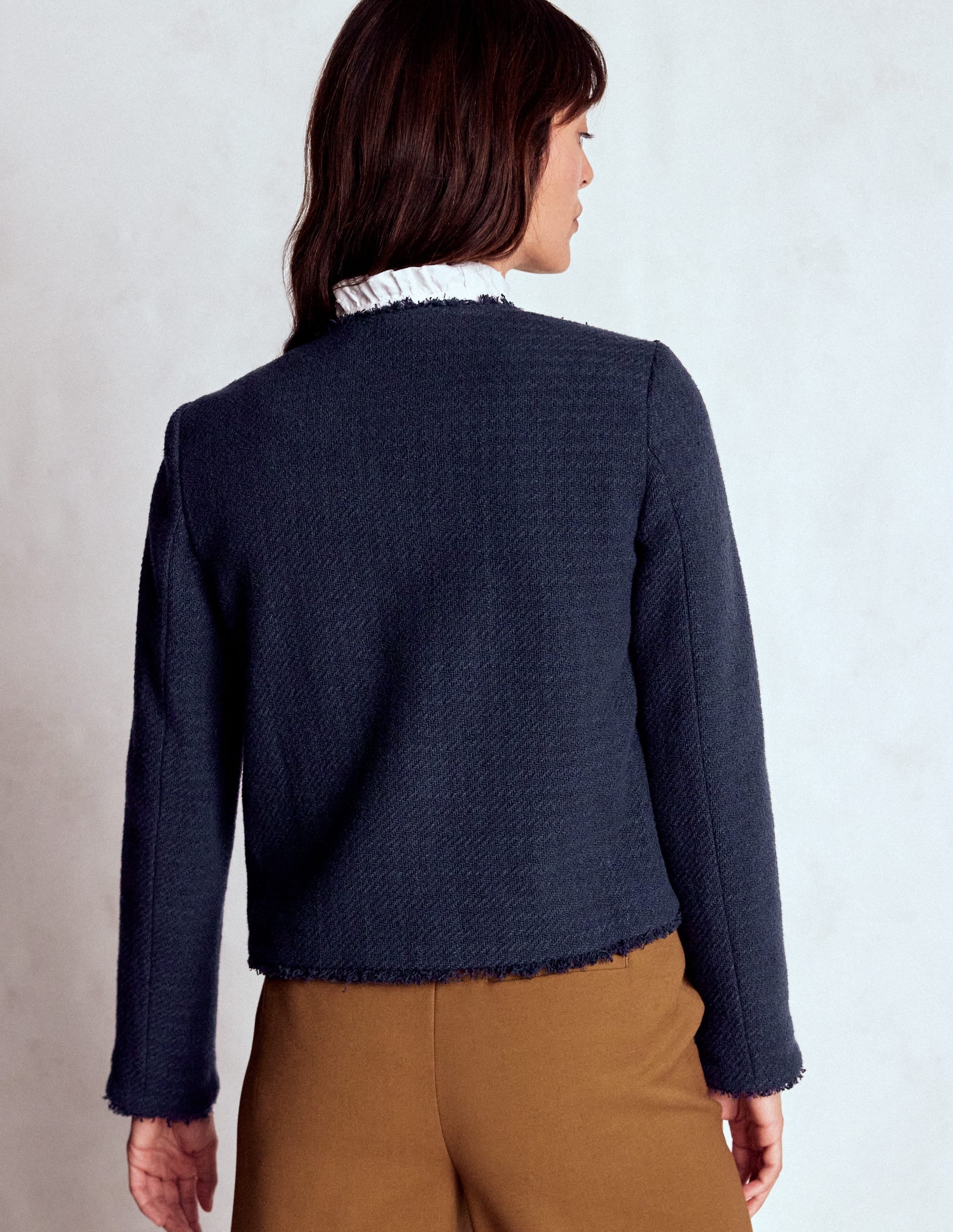 Collarless Textured Jacket-Navy - Image 3