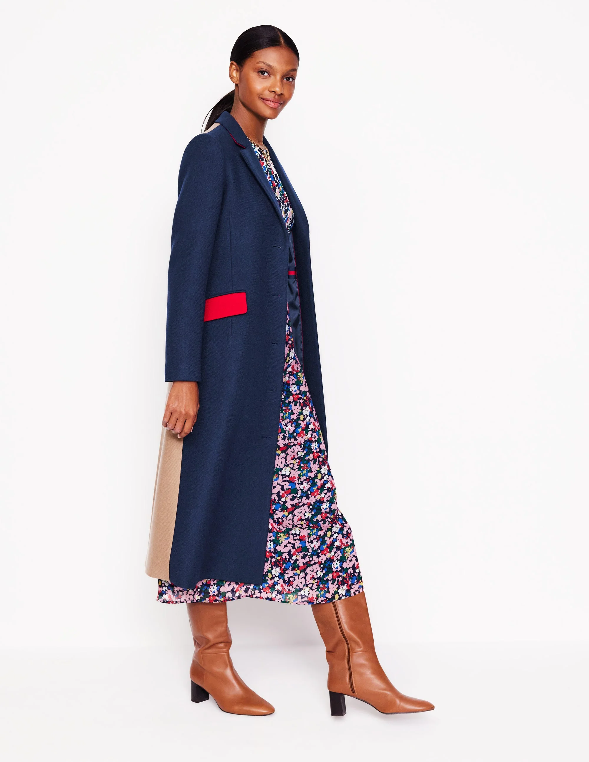 Colorblock Midi Coat-Navy, Multi - Image 2