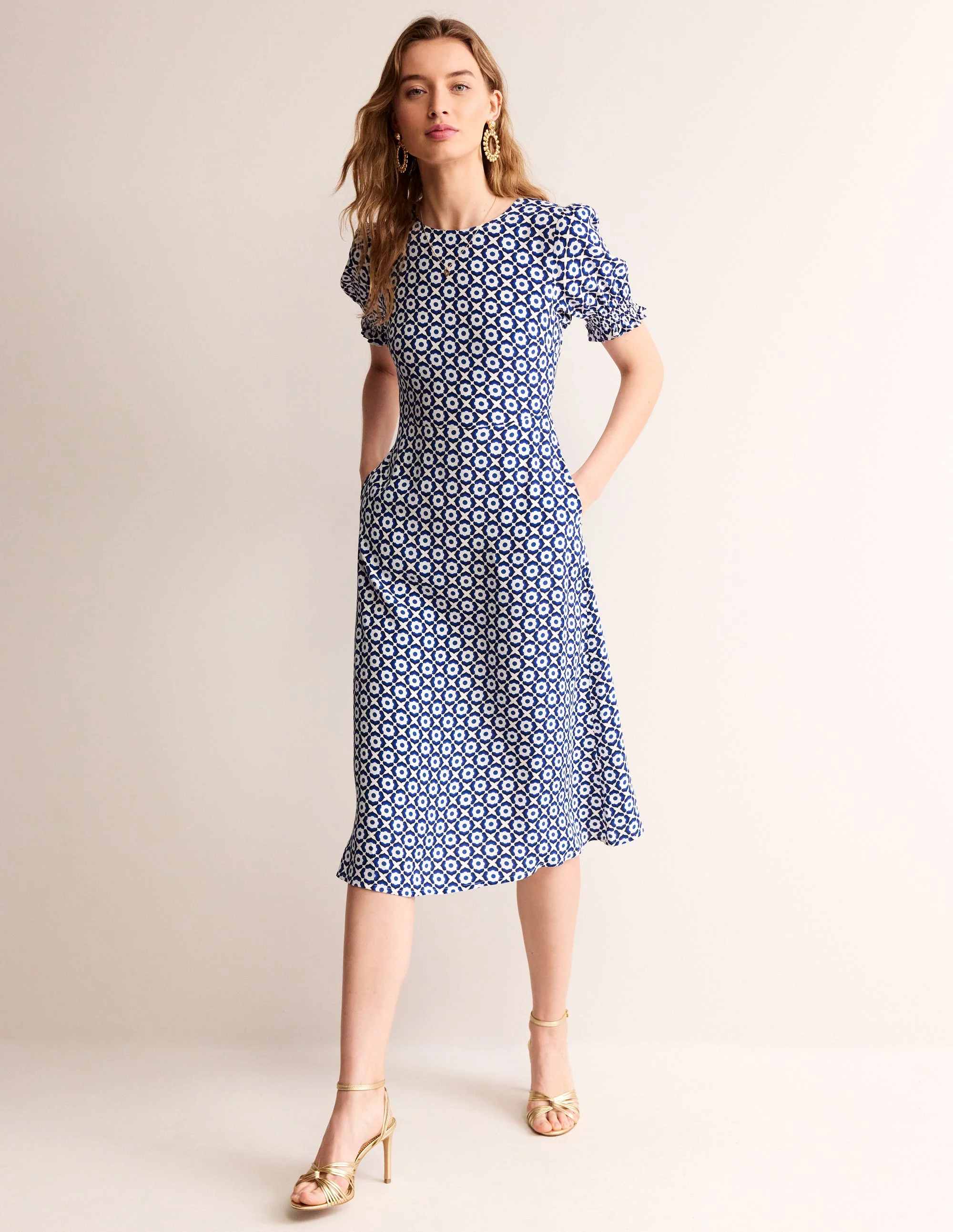 Corinne Midi Tea Dress-French Navy, Geo Pome - Image 2