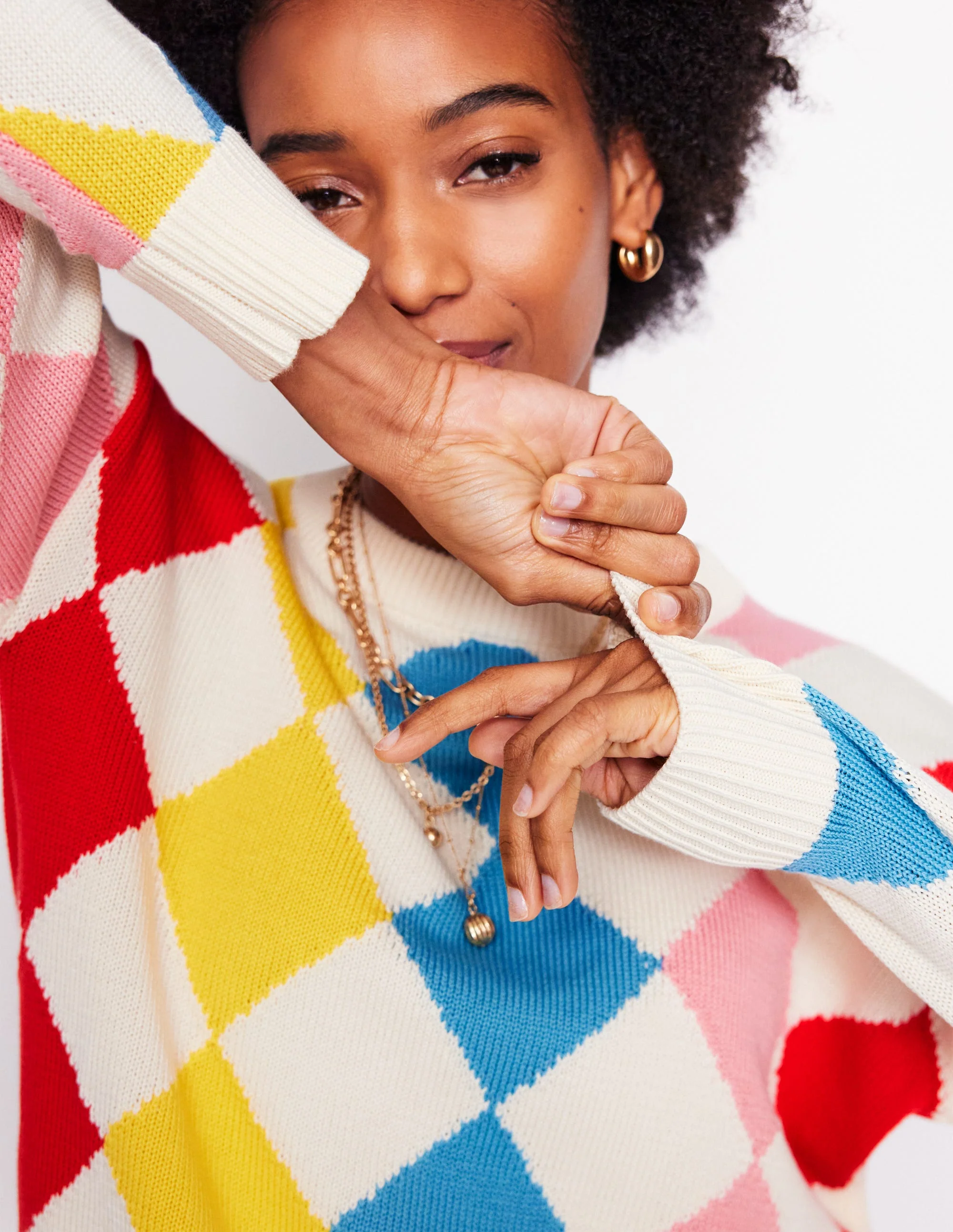 Cotton Argyle Sweater-Pink, Light Blue Argyle - Image 2