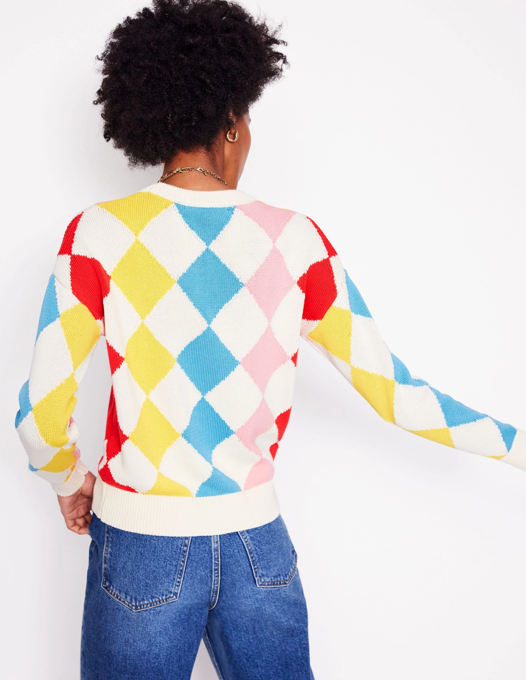 Cotton Argyle Sweater-Pink, Light Blue Argyle - Image 3