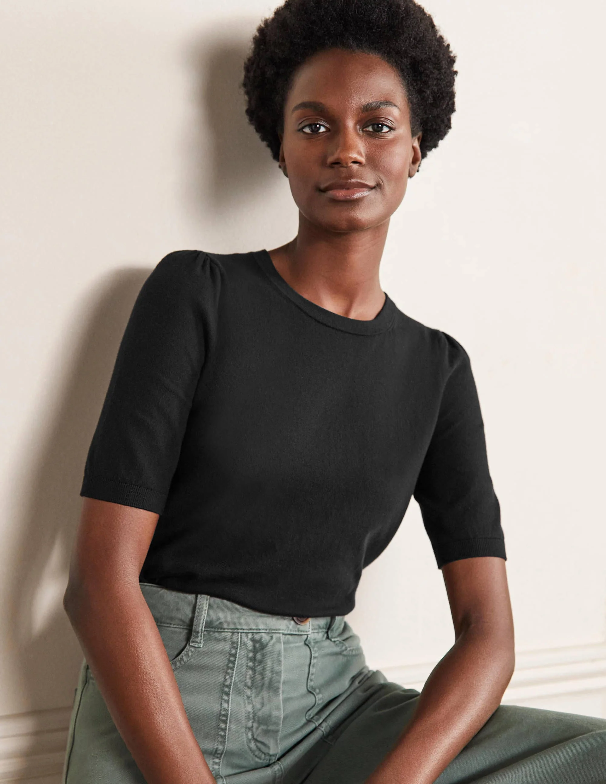 Cotton Crew Knitted Top-Black
