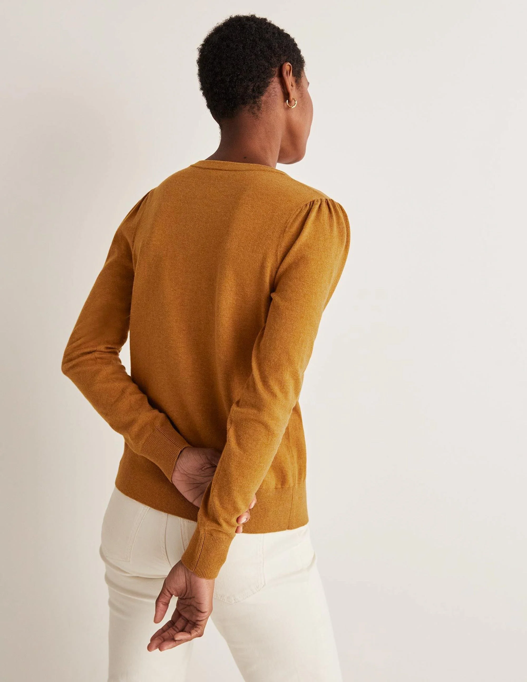 Cotton Crew Neck Cardigan-Butterscotch Brown Melange - Image 3
