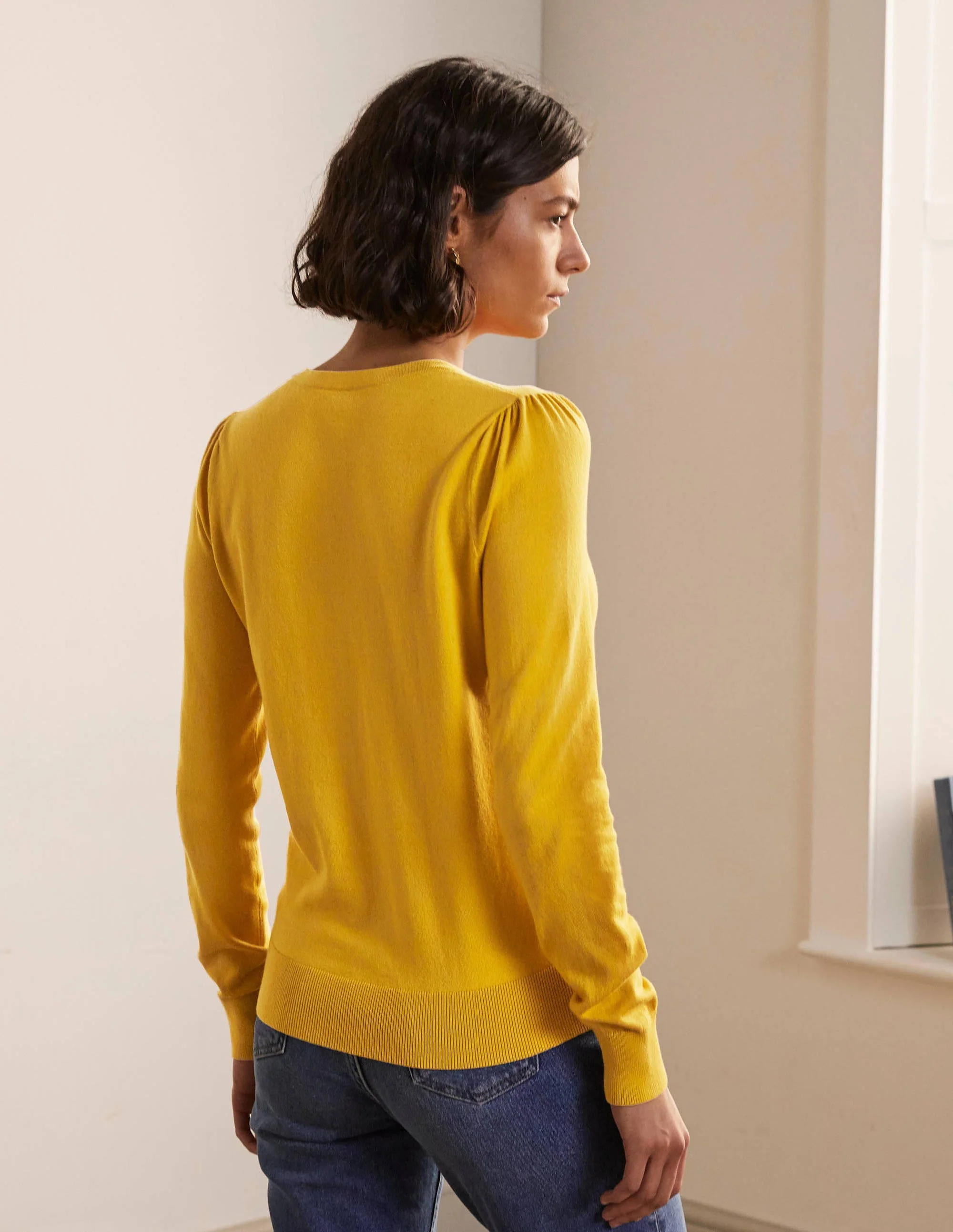Cotton Crew Neck Cardigan-Honey Gold - Image 3